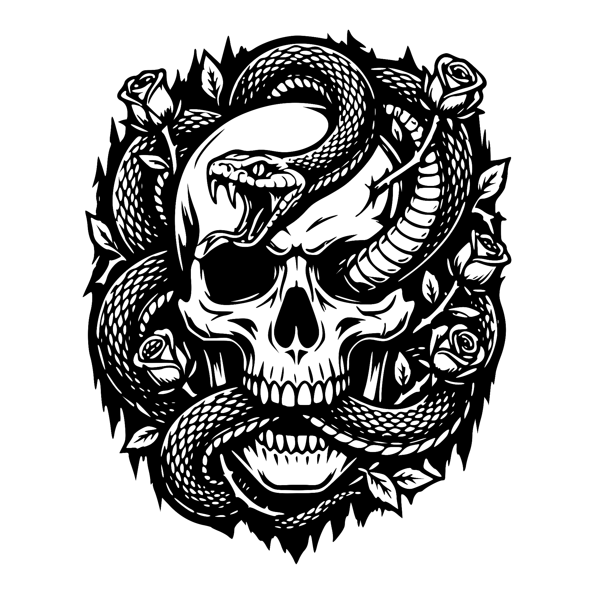 Skull entwined with a fanged snake and roses