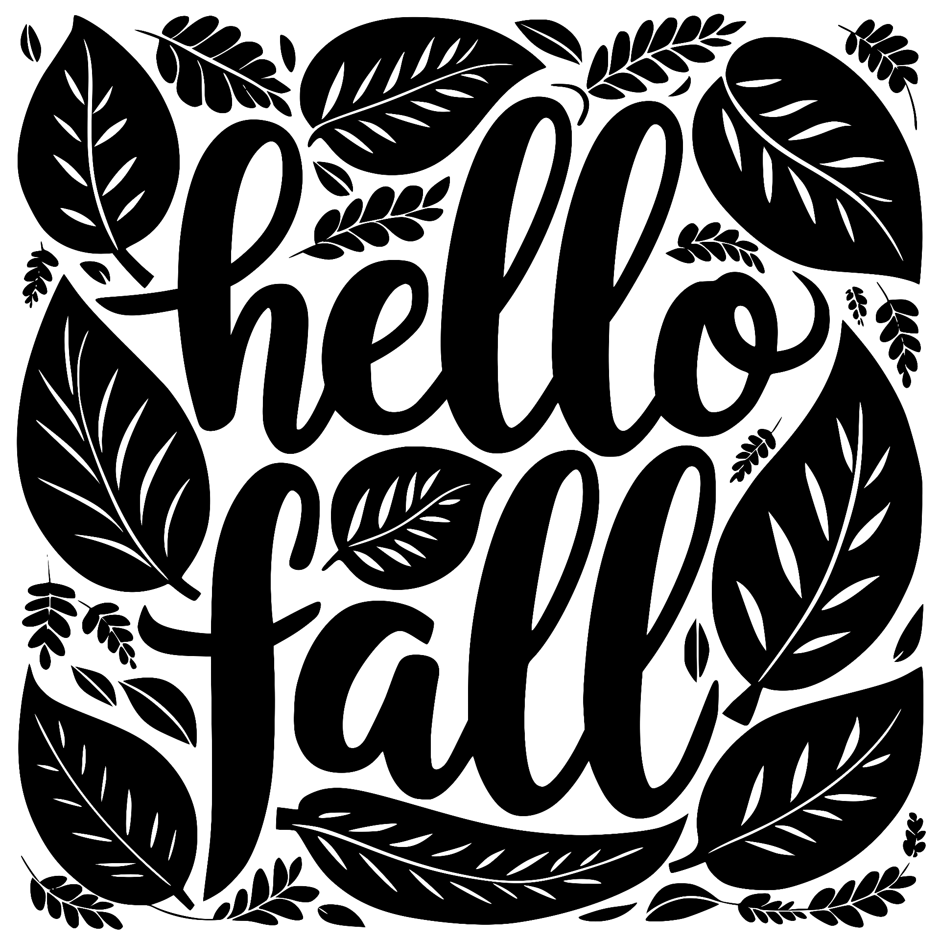 Hello Fall script lettering with layered leaves