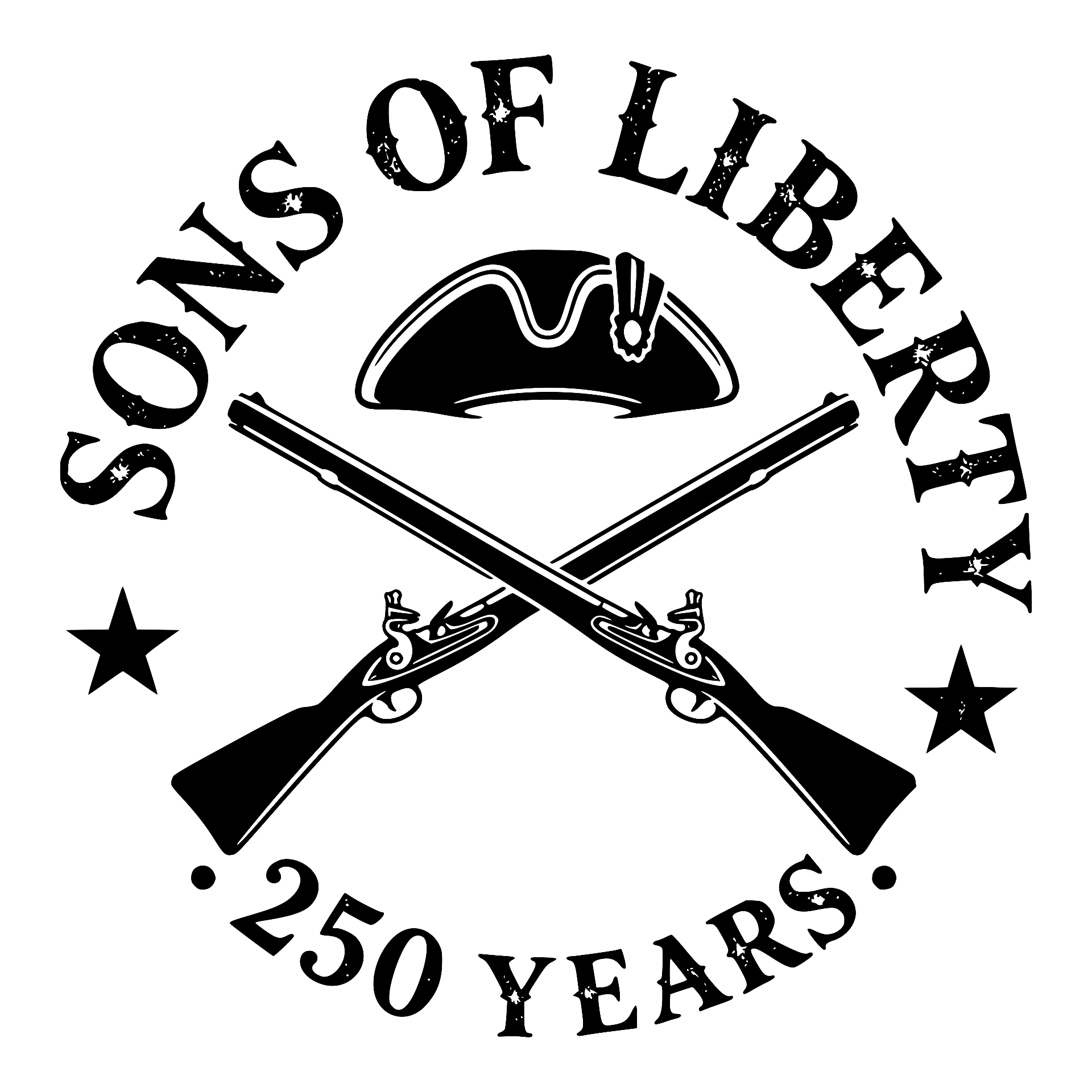 Sons of Liberty 250 Years crossed muskets and tricorn hat