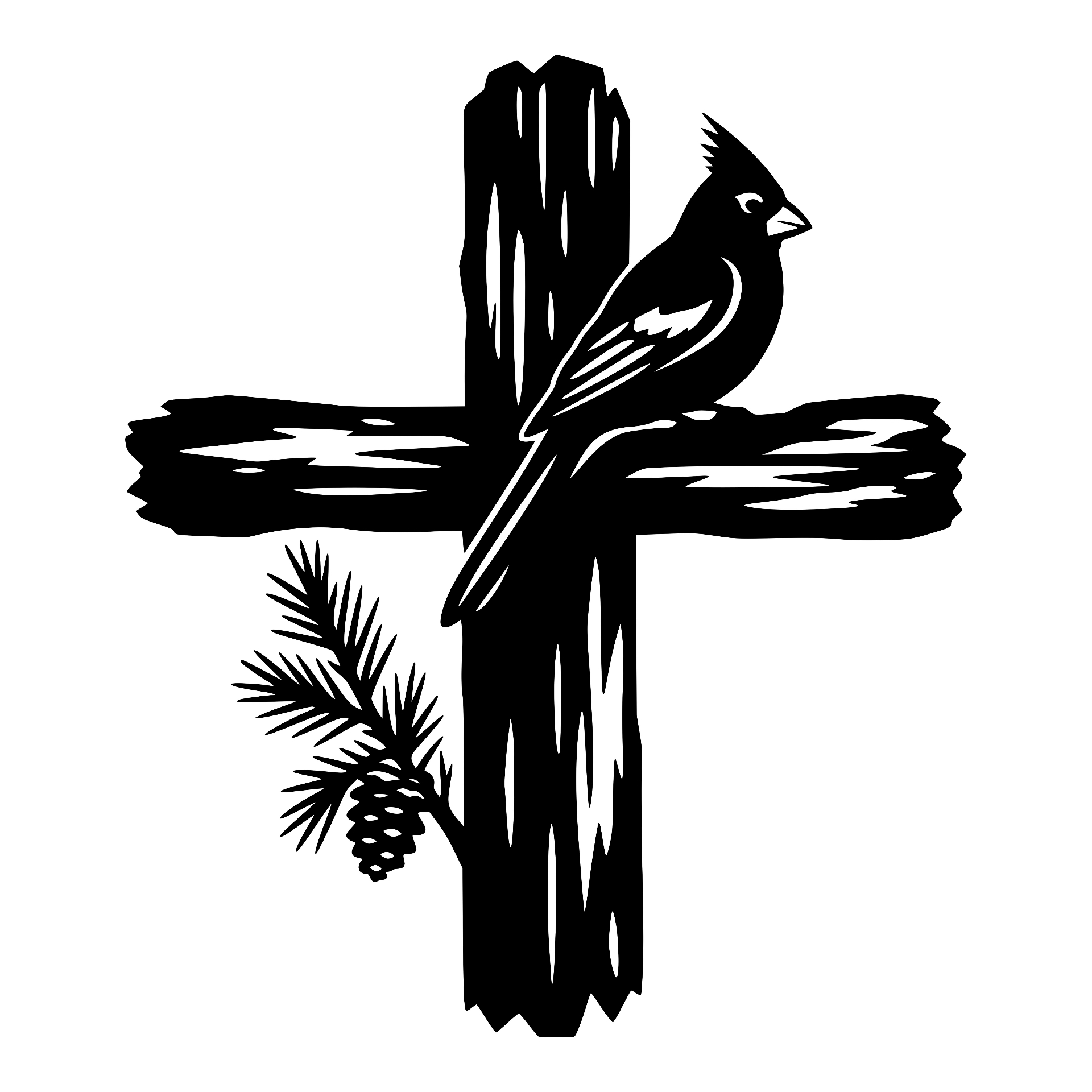 Wooden cross with a cardinal perched and a pine cone branch