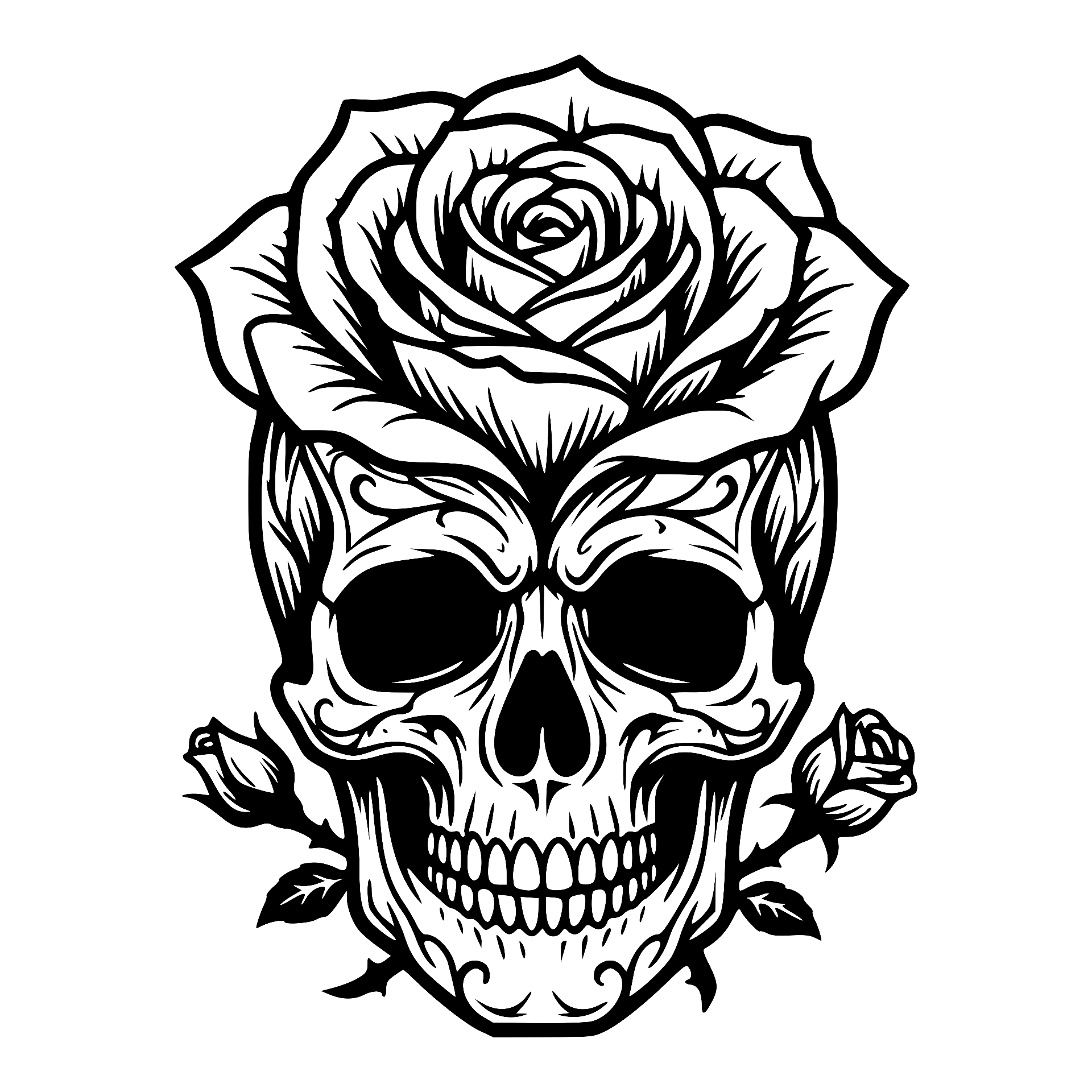 Skull crowned with a large rose and rosebuds