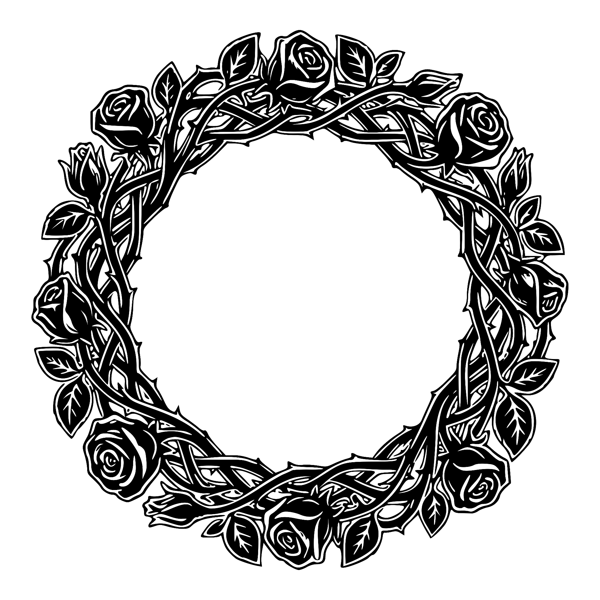Circular wreath of roses, leaves and thorns