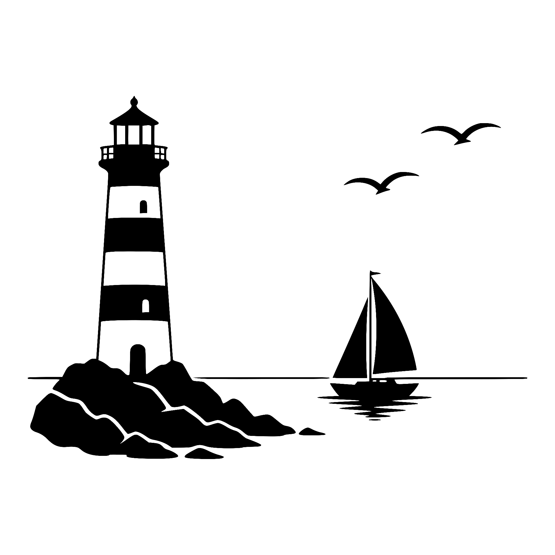 Lighthouse on rocks with sailboat and seagulls
