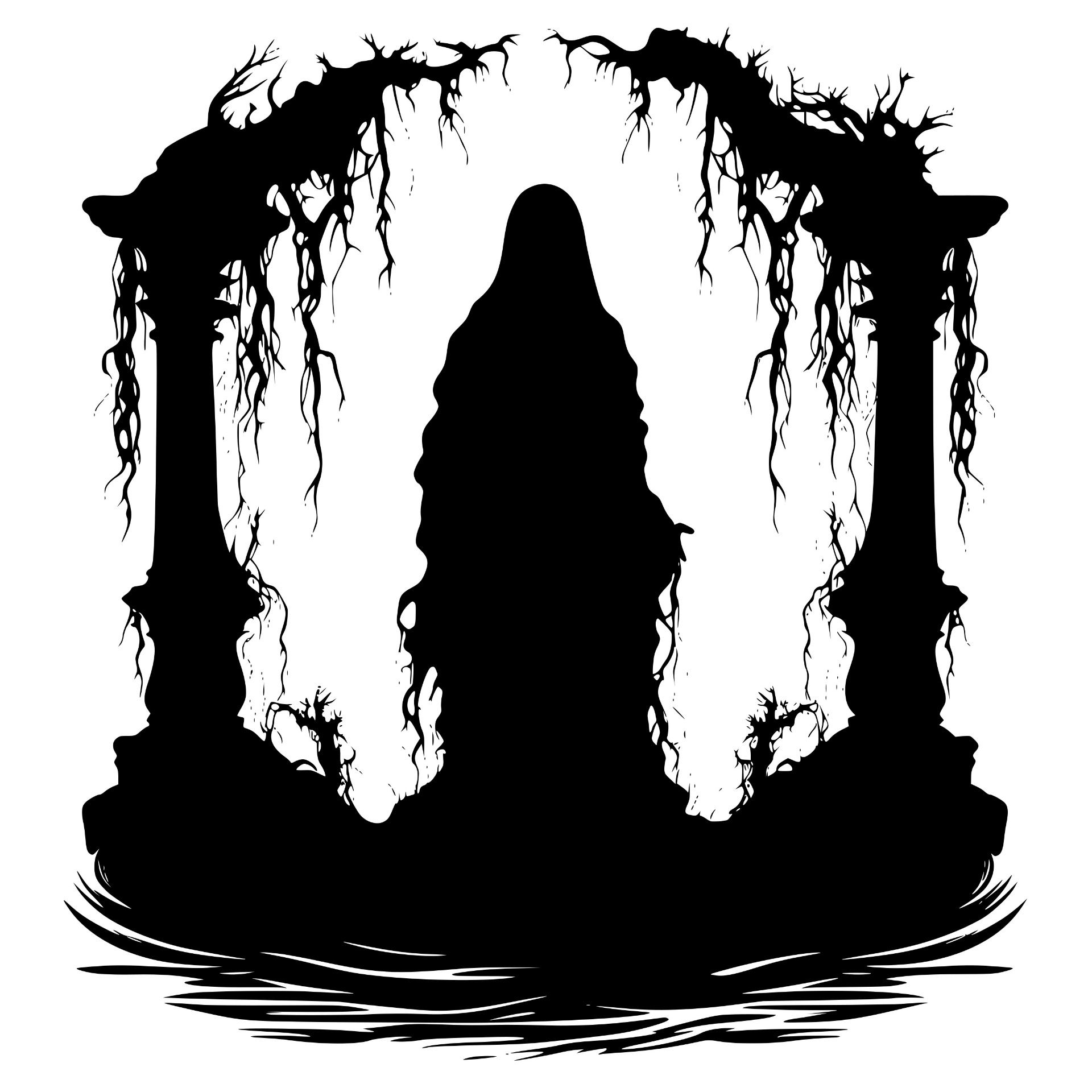Hooded apparition beneath a thorned archway