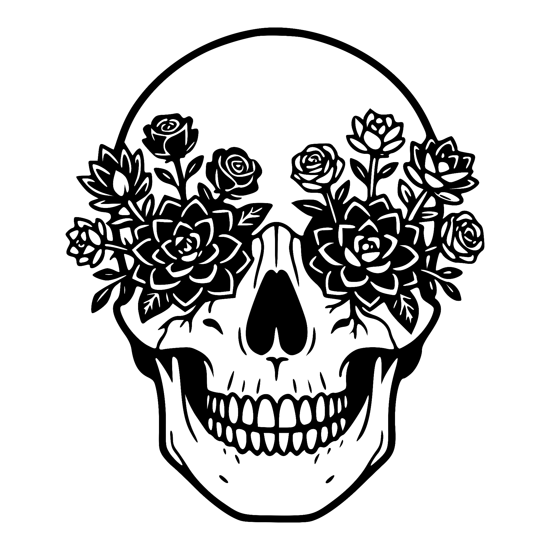 Skull with roses and succulents blooming from the eyes