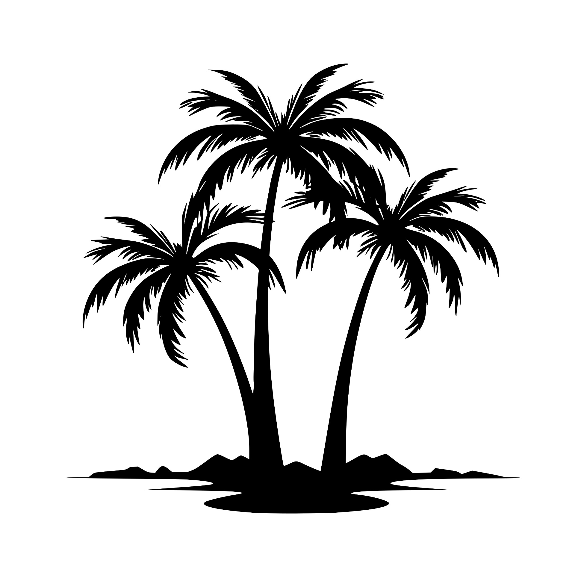 Three palm trees on an island silhouette