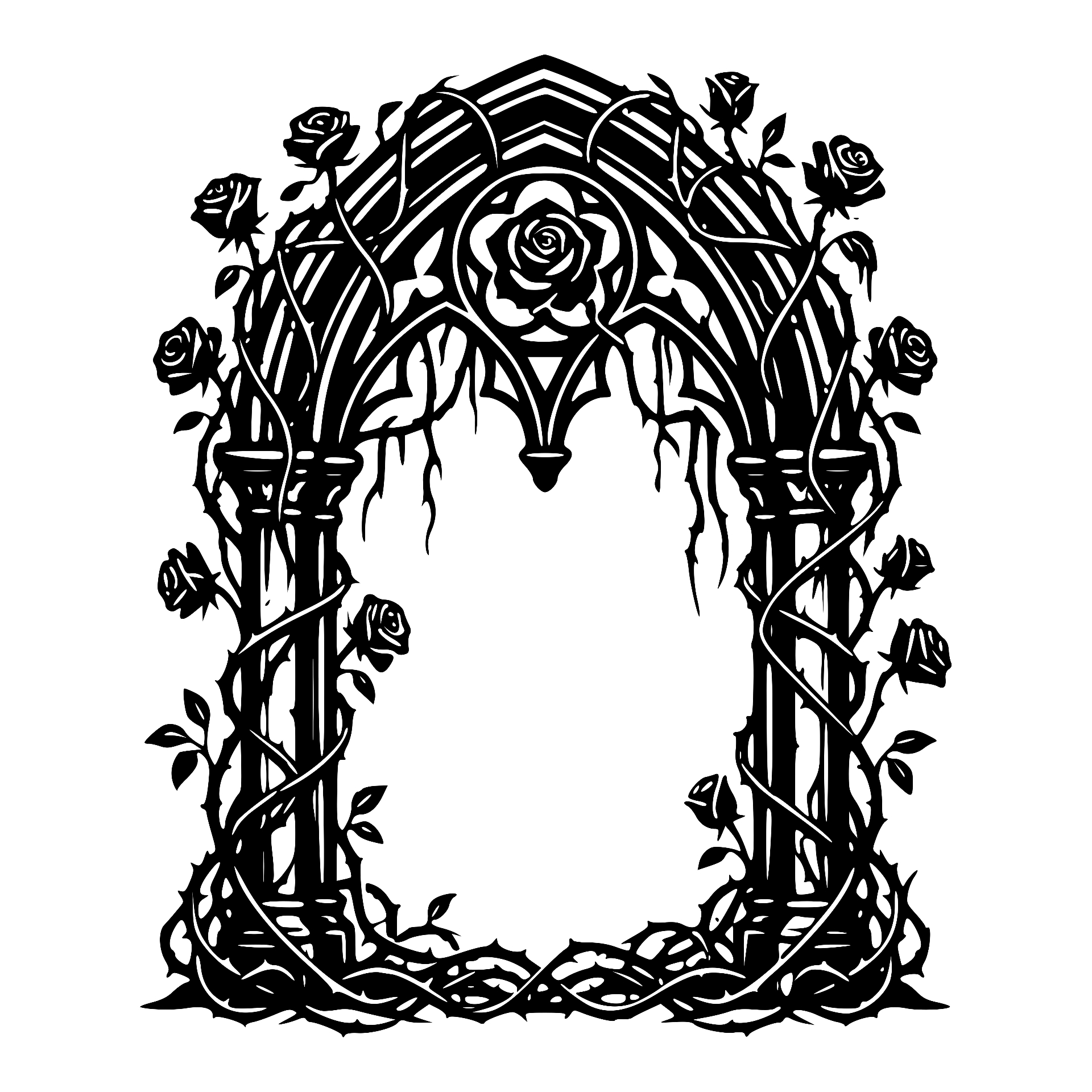 Gothic archway covered in climbing roses and thorns