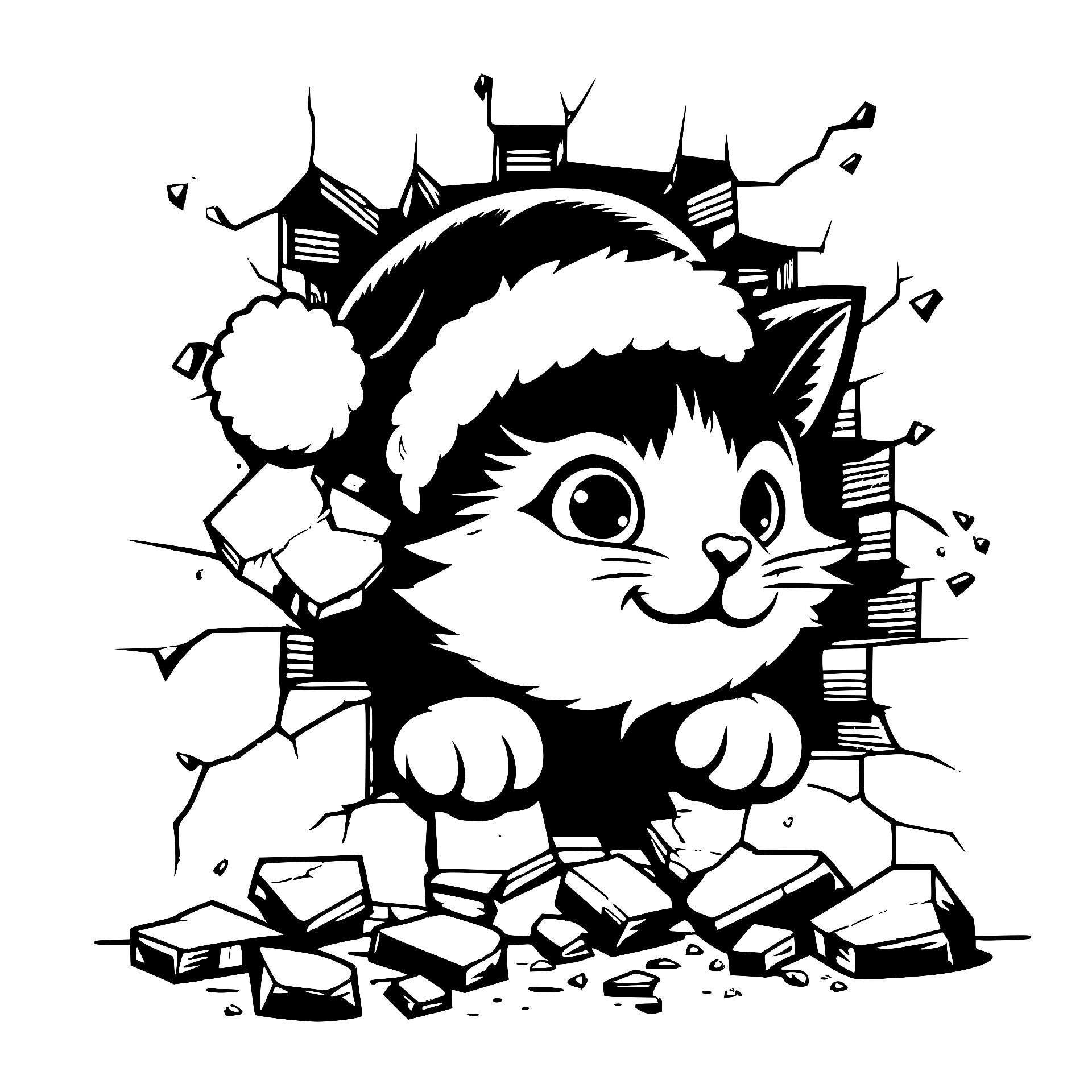 Cat in a Santa hat breaking through a brick wall