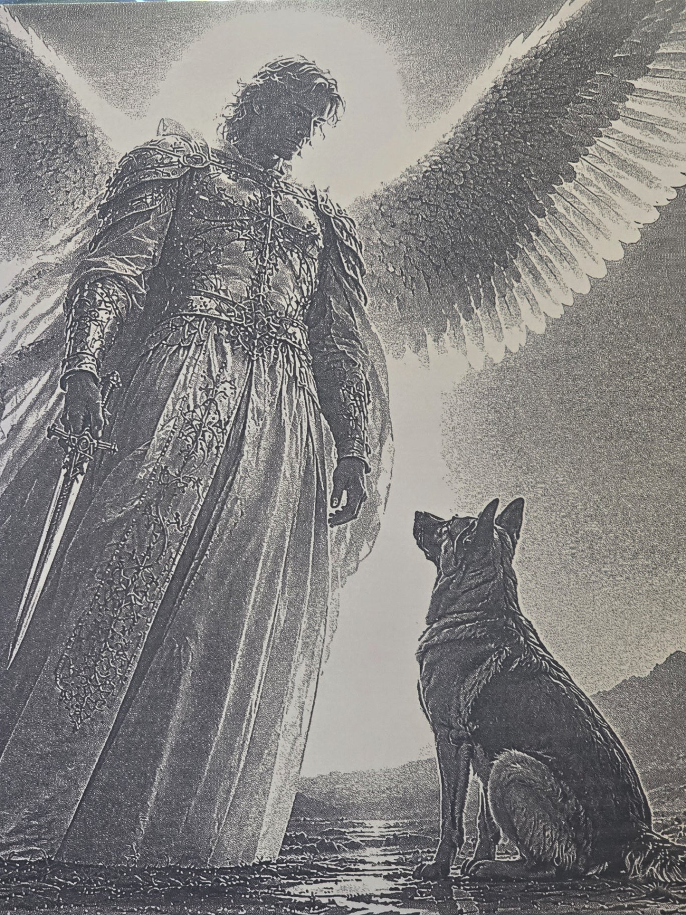 Guardian Angel and German Shepherd etched on stainless steel