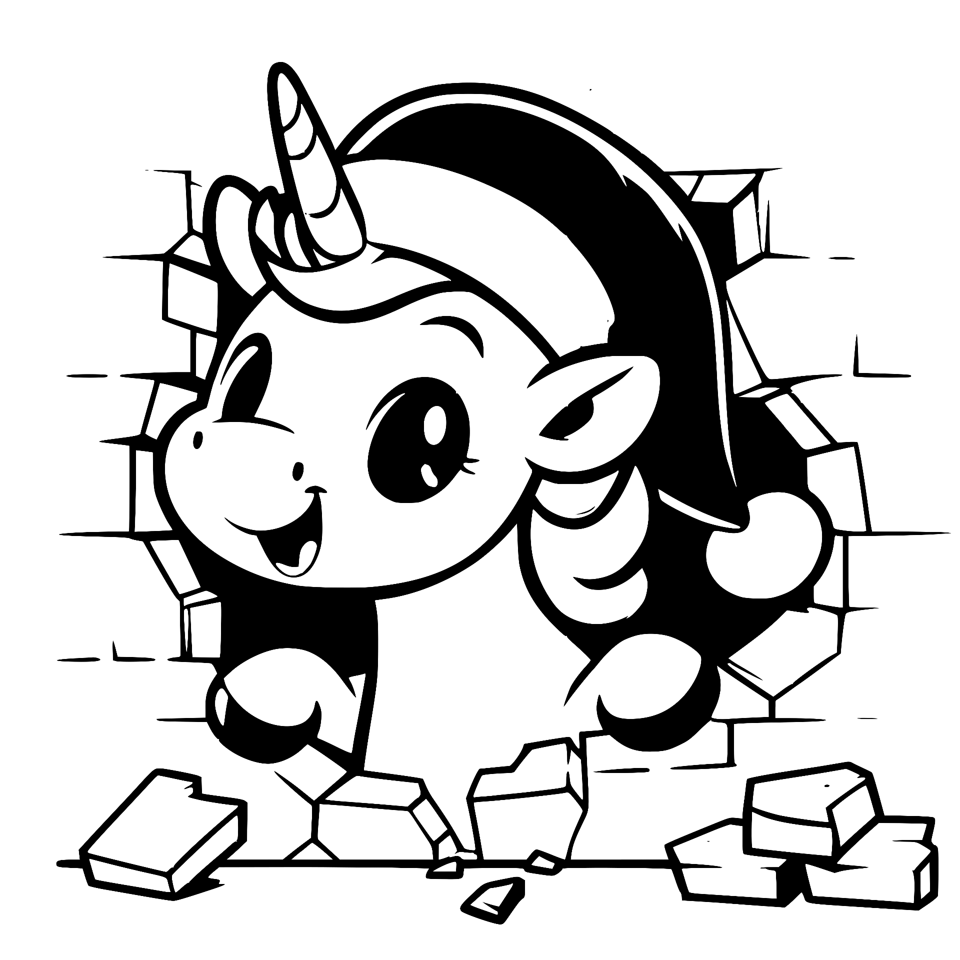 Unicorn in a Santa hat breaking through a brick wall