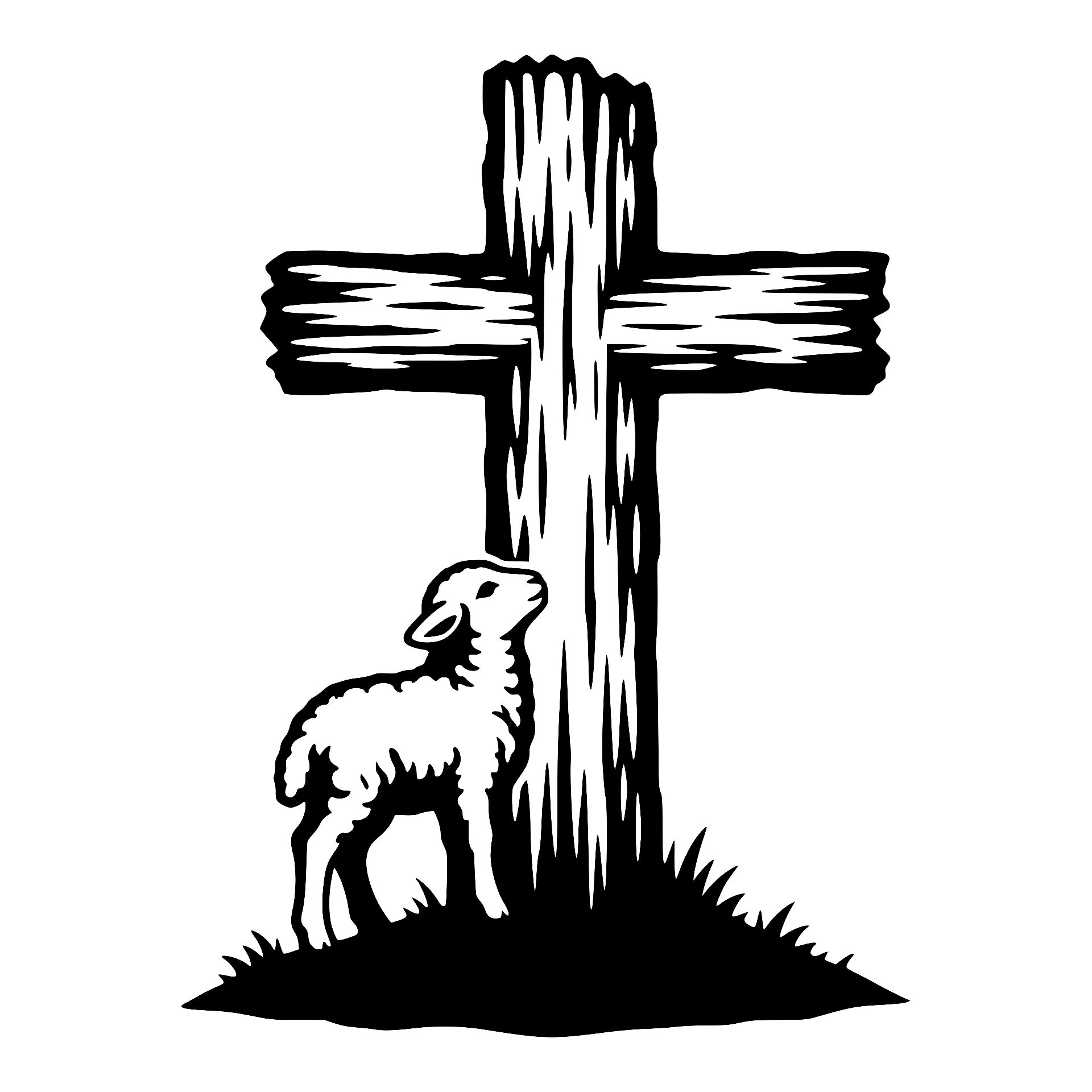 Wooden cross with a lamb standing at its base