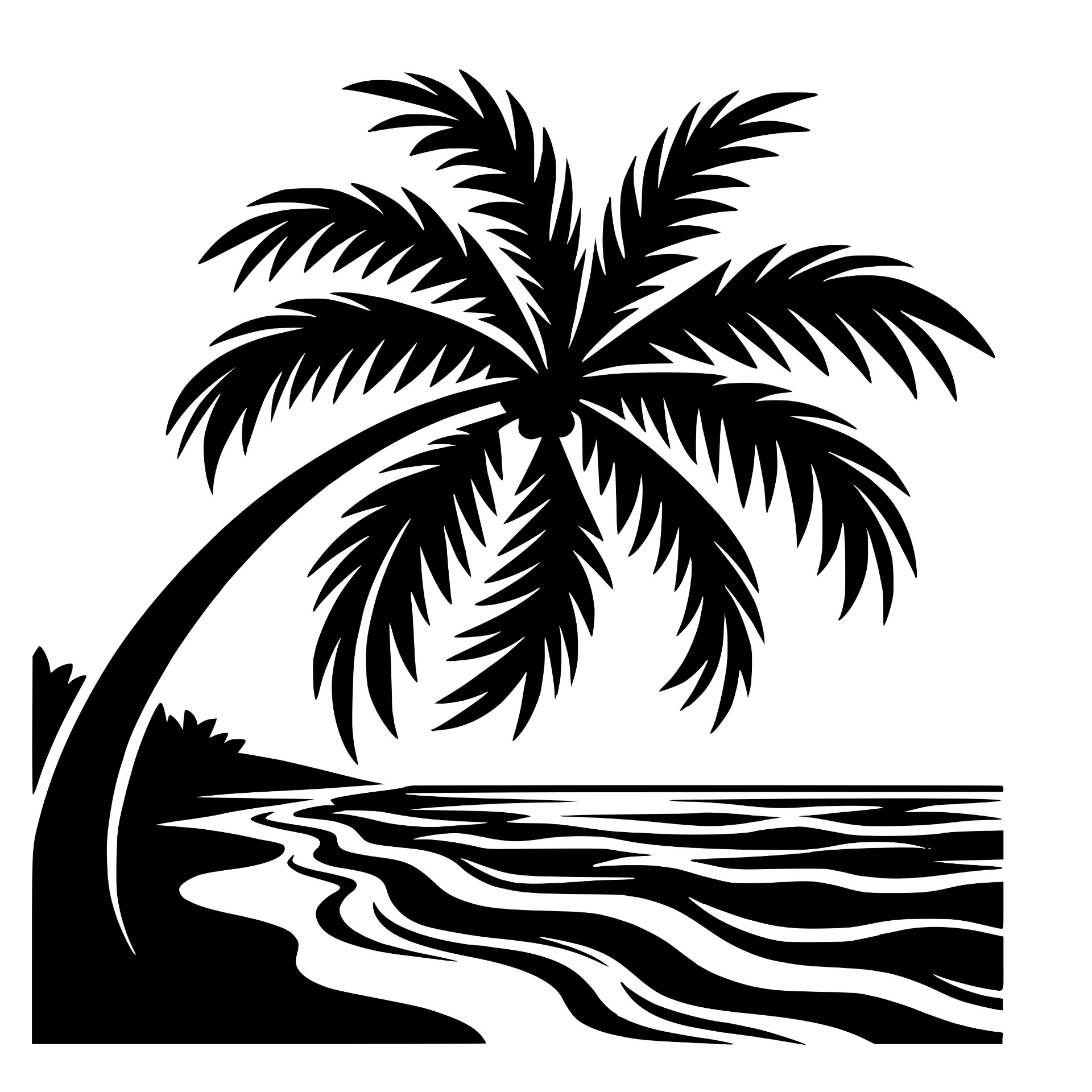 Leaning palm tree over a beach shoreline silhouette