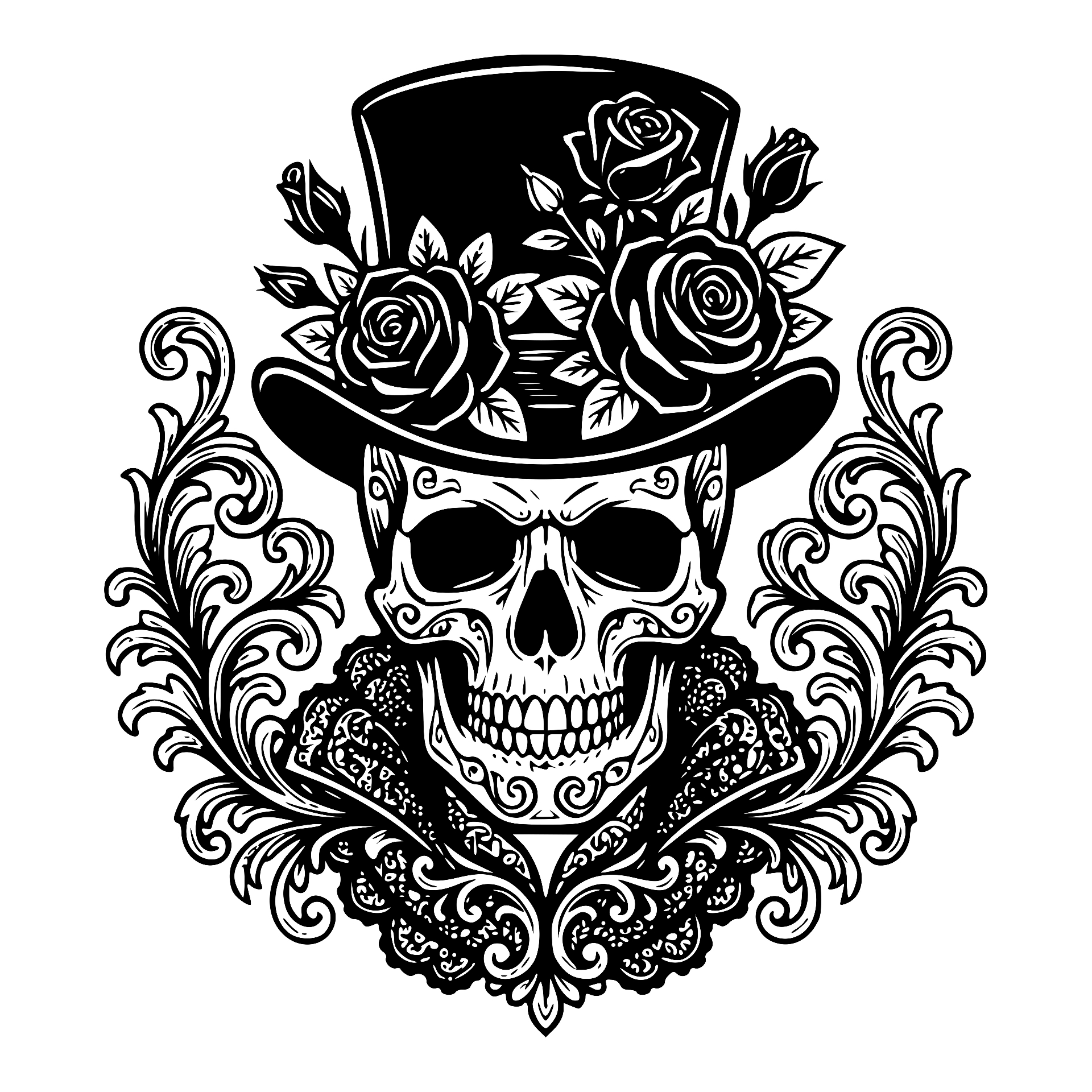 Sugar skull with top hat, roses and filigree