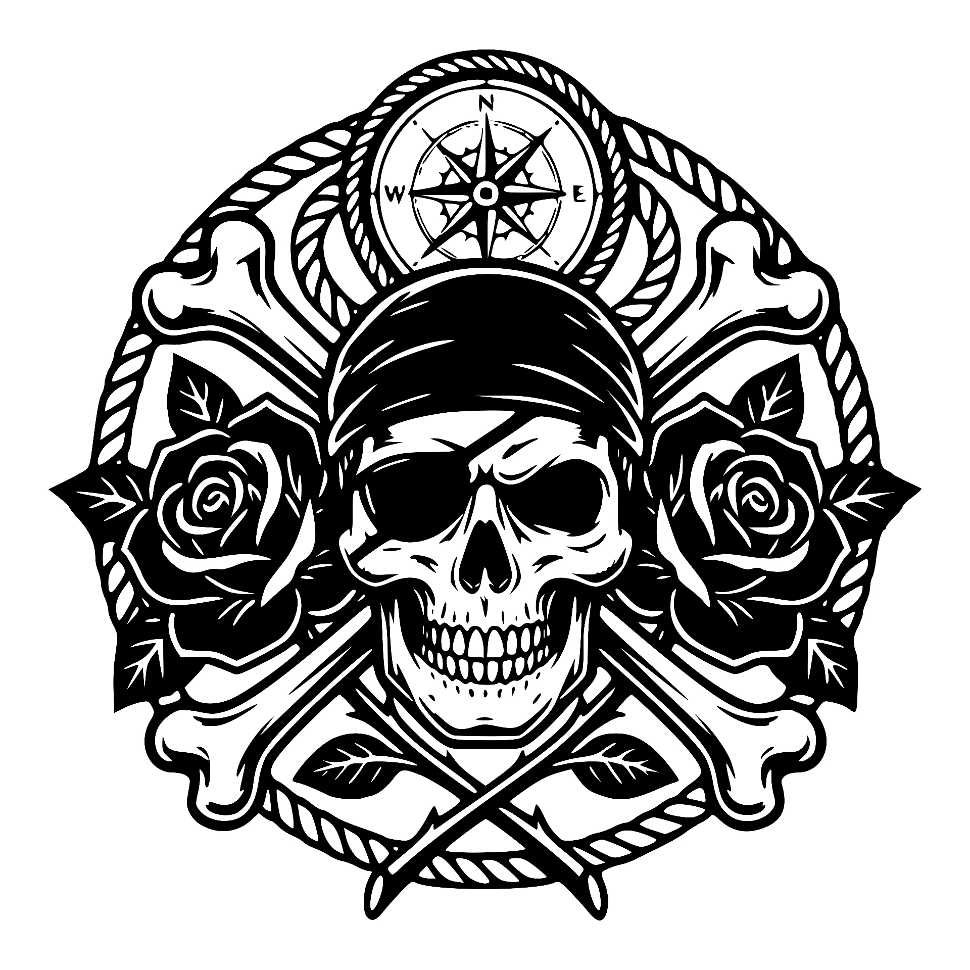 Pirate skull with bandana, roses, bones and compass crest