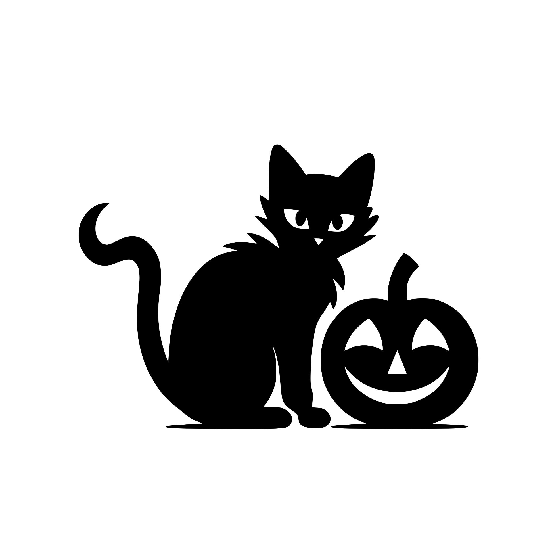 Black cat silhouette beside a smiling pumpkin
