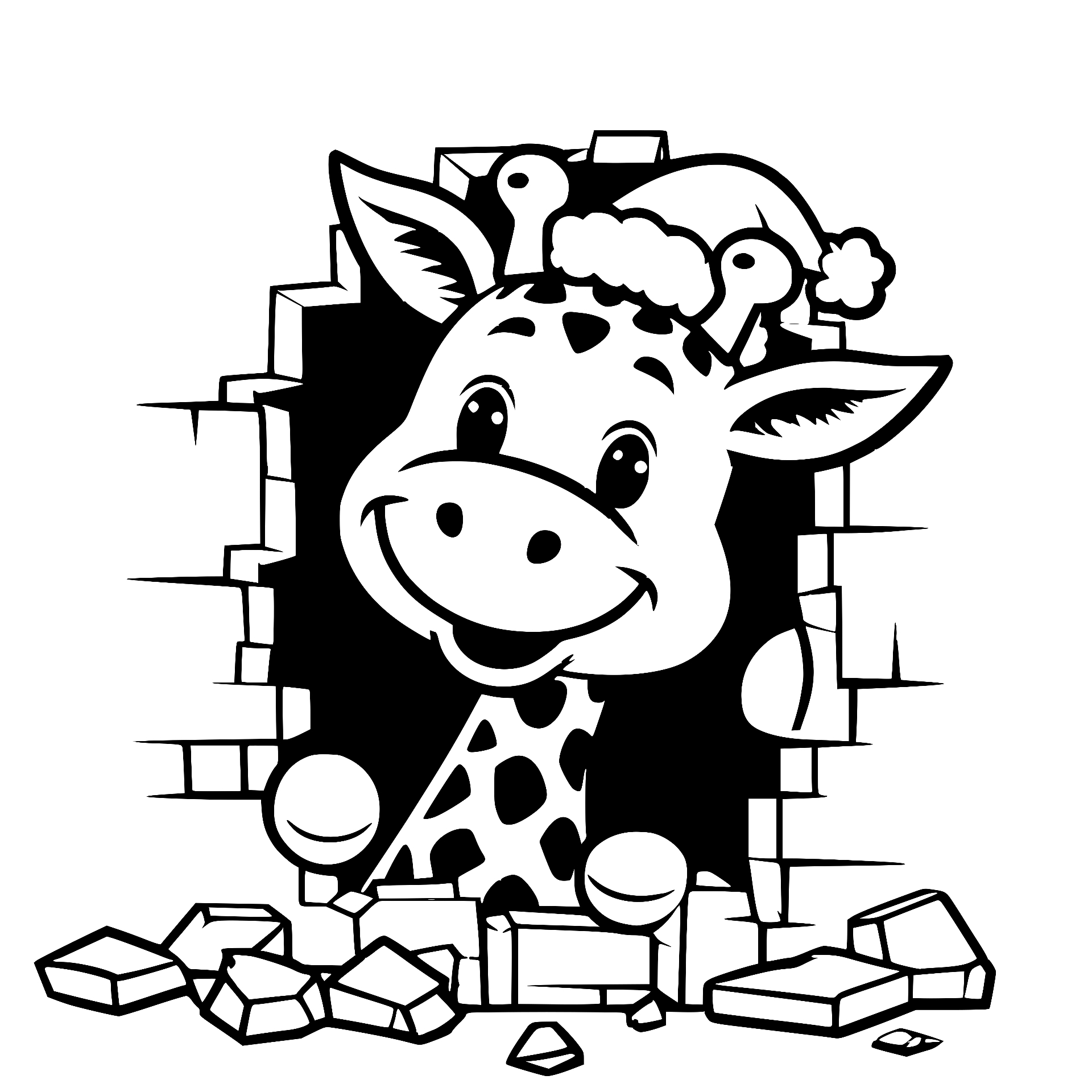 Giraffe in a Santa hat breaking through a brick wall