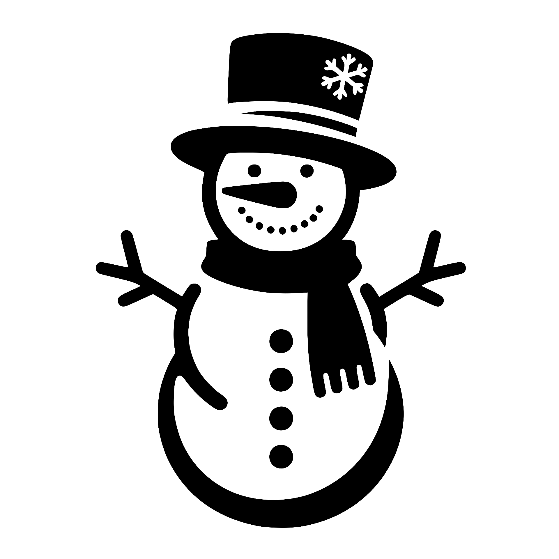 Cheerful snowman with a top hat and scarf