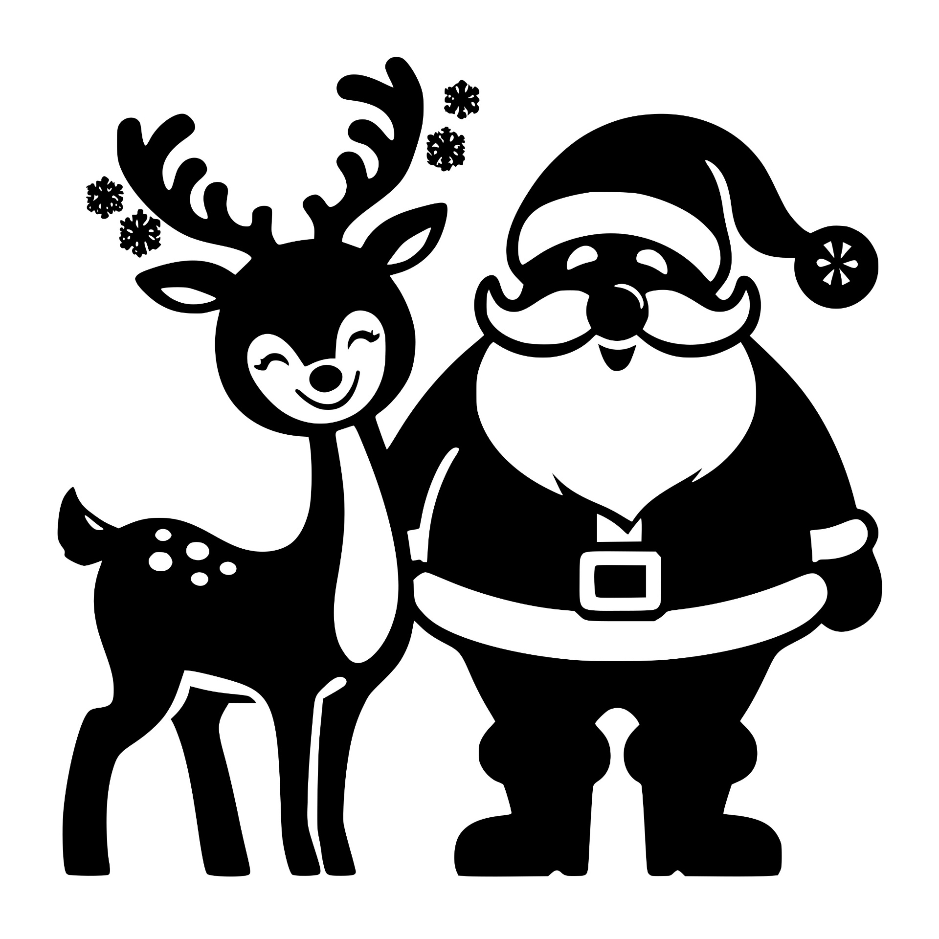 Santa Claus standing with a happy reindeer