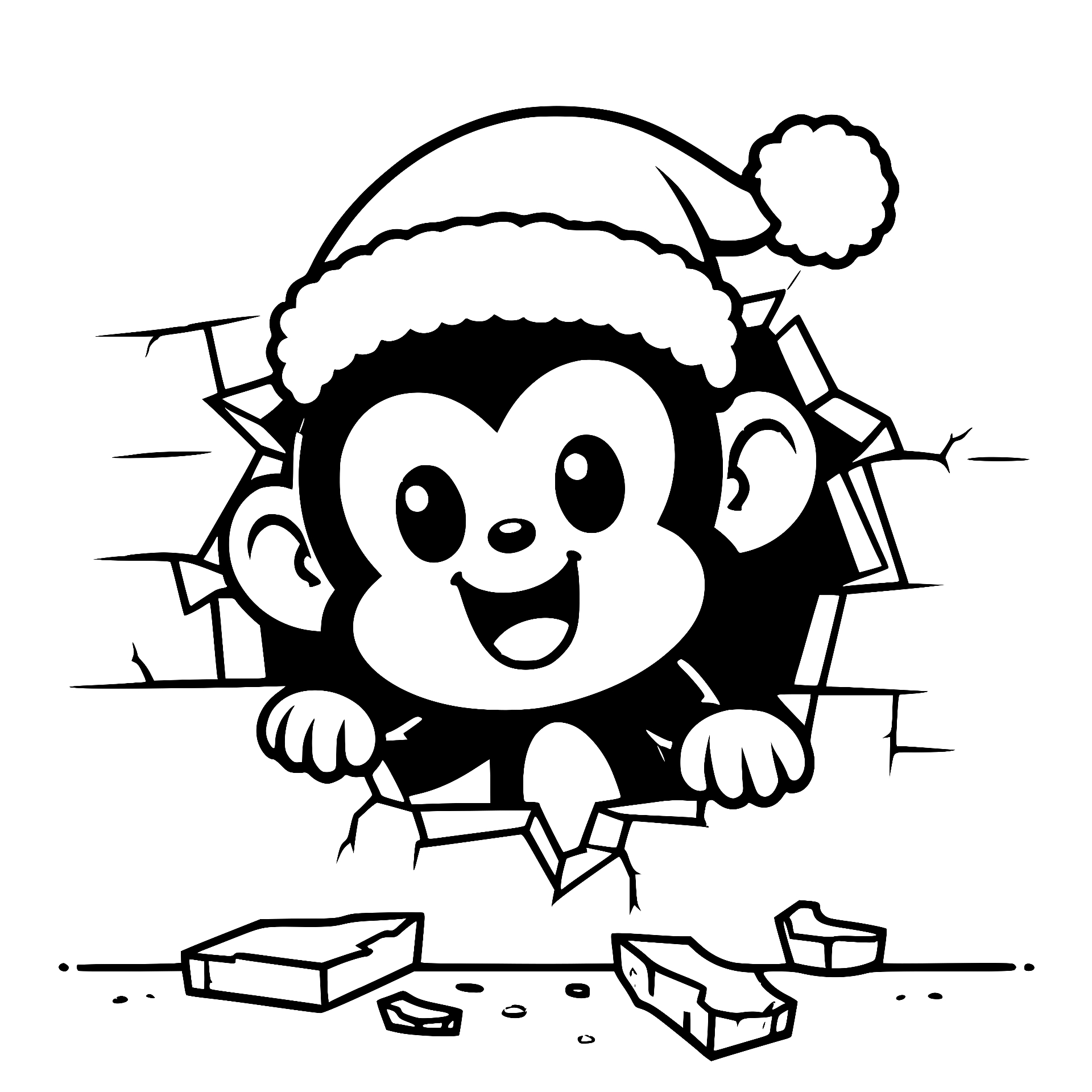 Monkey in a Santa hat breaking through a brick wall