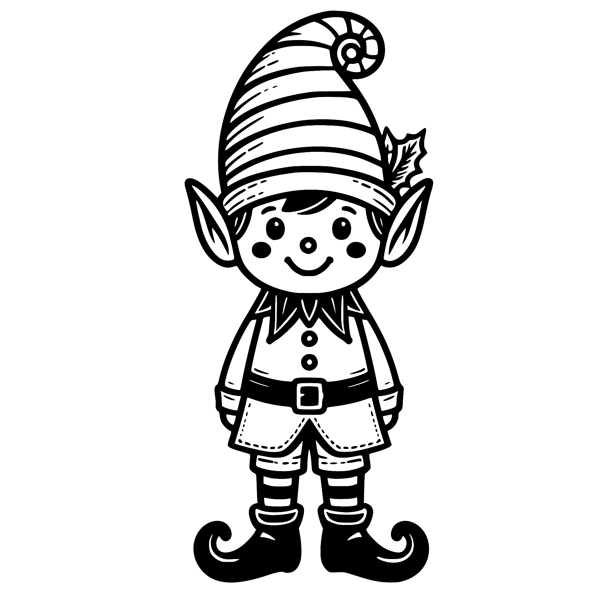 Happy standing Christmas elf in a tall striped hat