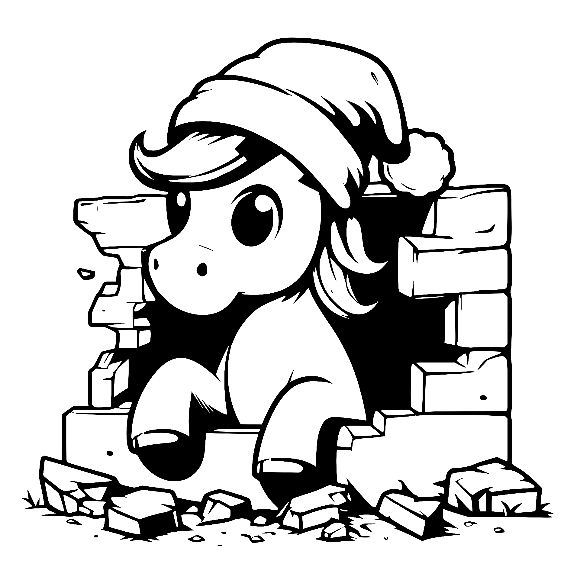 Pony in a Santa hat surprise breakout from a brick wall