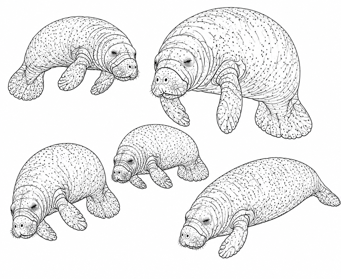 Manatee line art in multiple poses