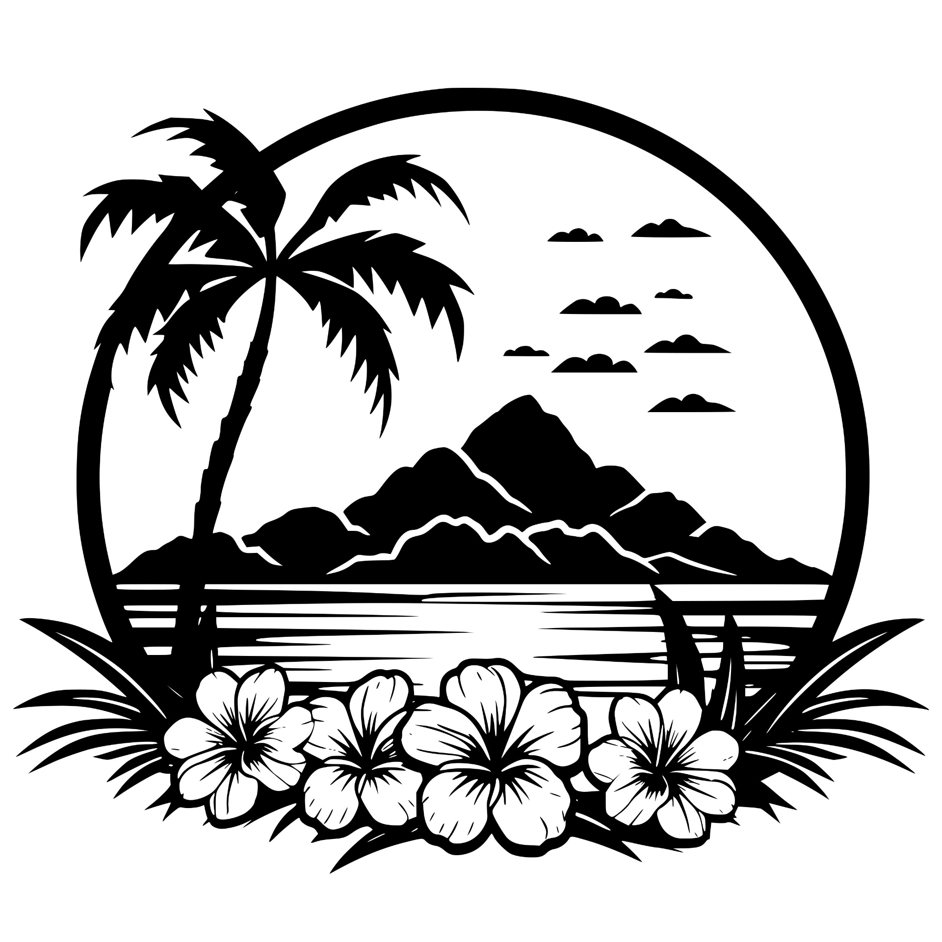 Island scene in a circle with palms and hibiscus flowers