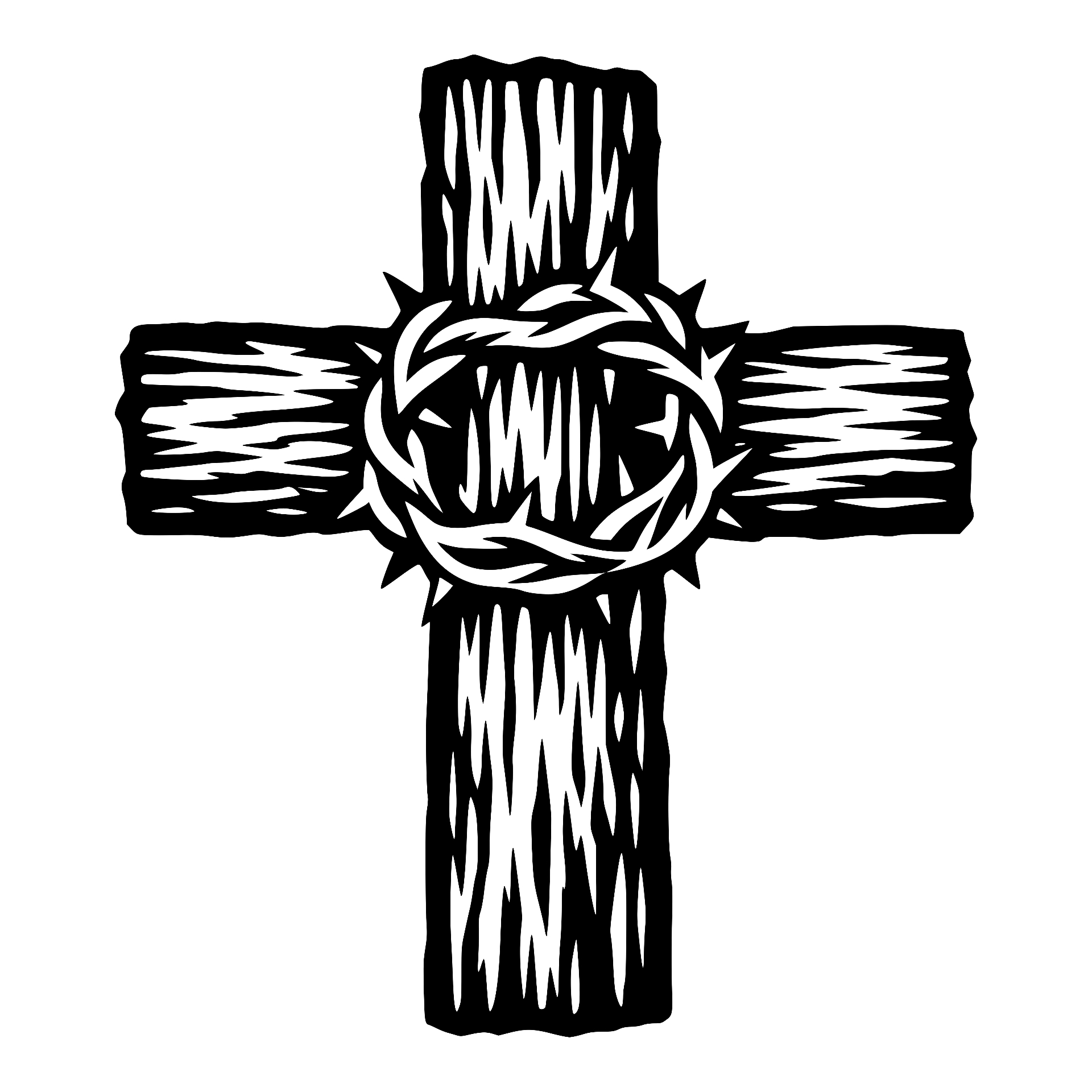 Wooden cross with a crown of thorns at its center