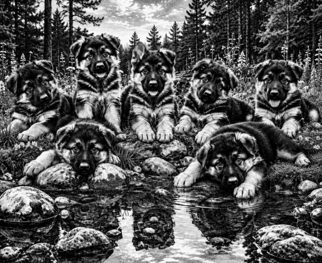 German shepherd puppies resting by a forest pond