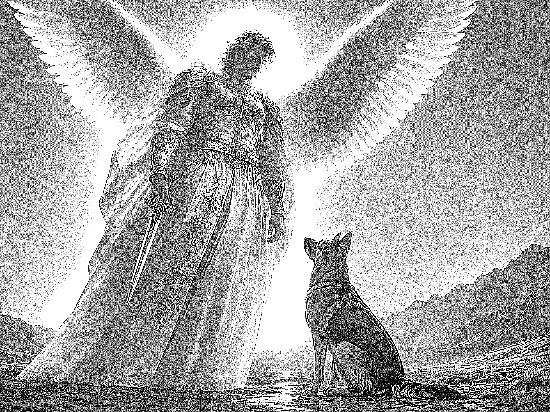 Winged guardian angel with a sword standing beside a seated German shepherd