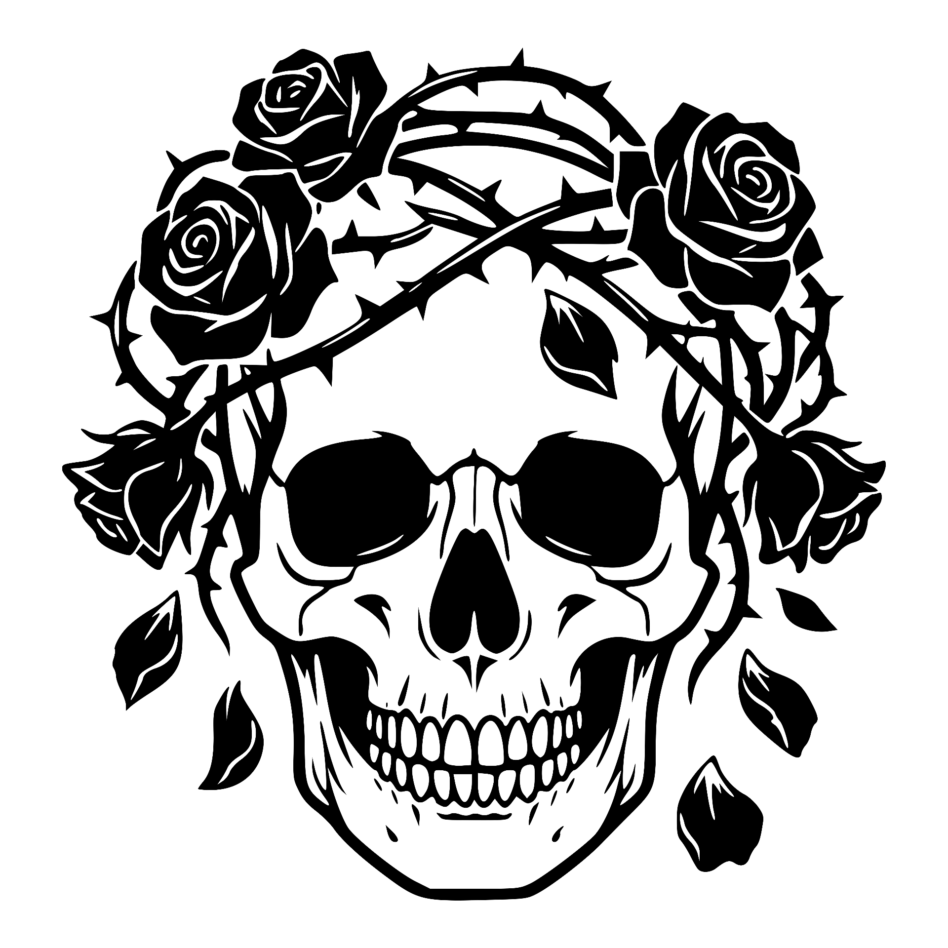 Skull wearing a crown of roses and thorns