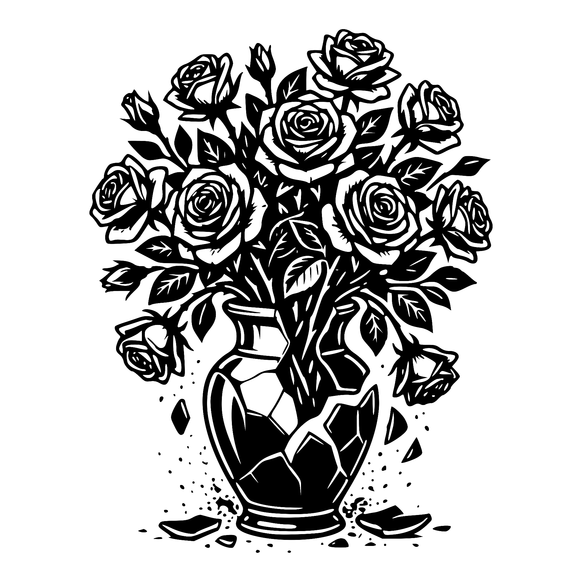 Roses spilling from a shattered cracked vase