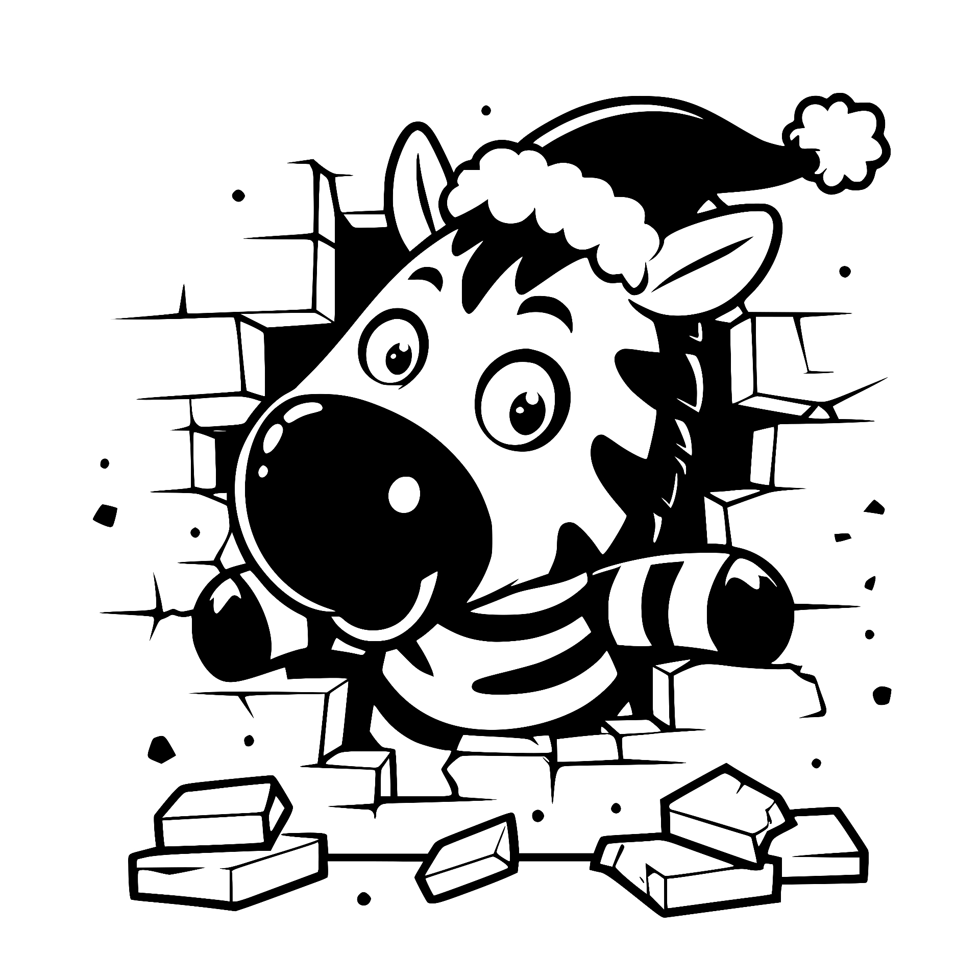 Zebra in a Santa hat breaking through a brick wall