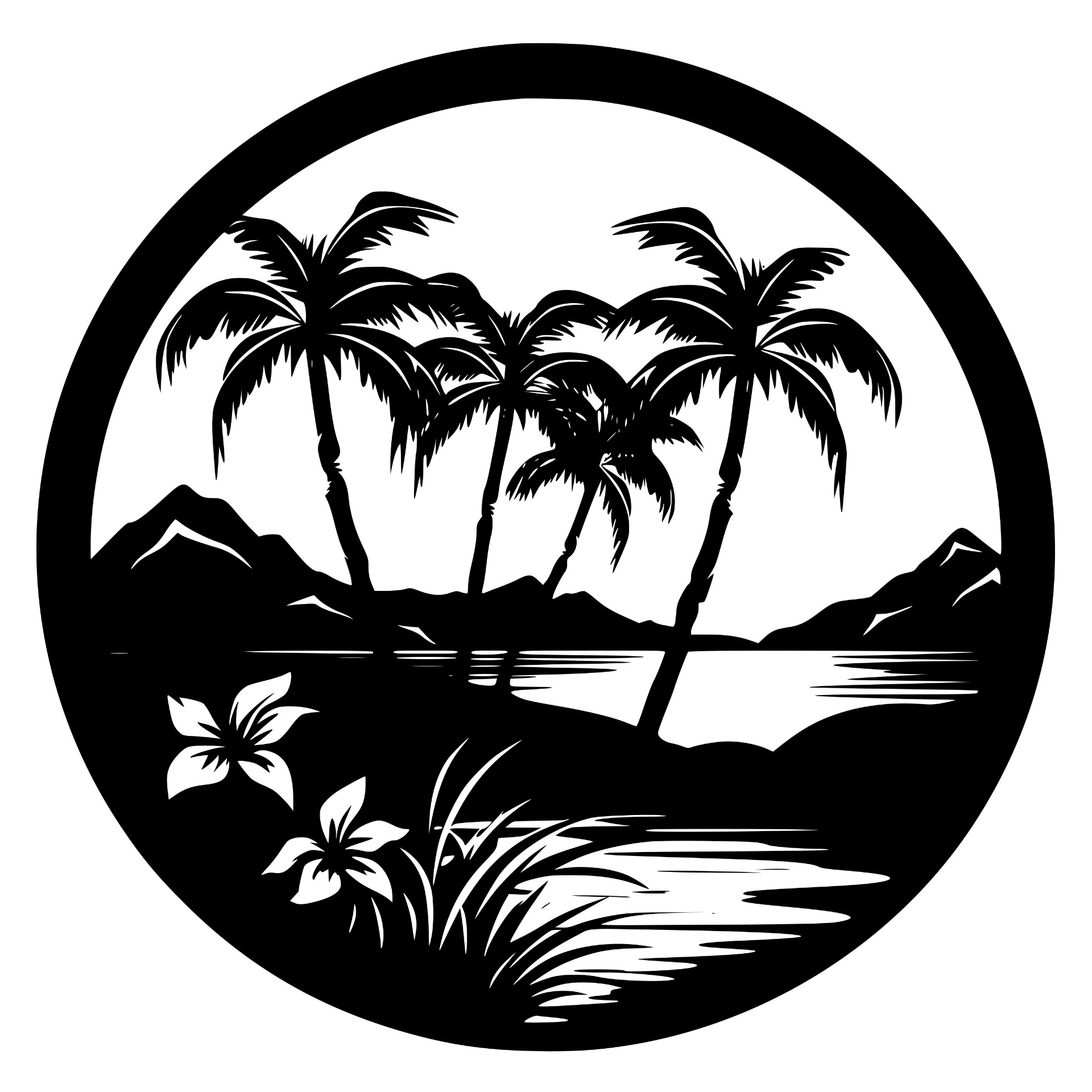 Palm island scene framed in a circle silhouette