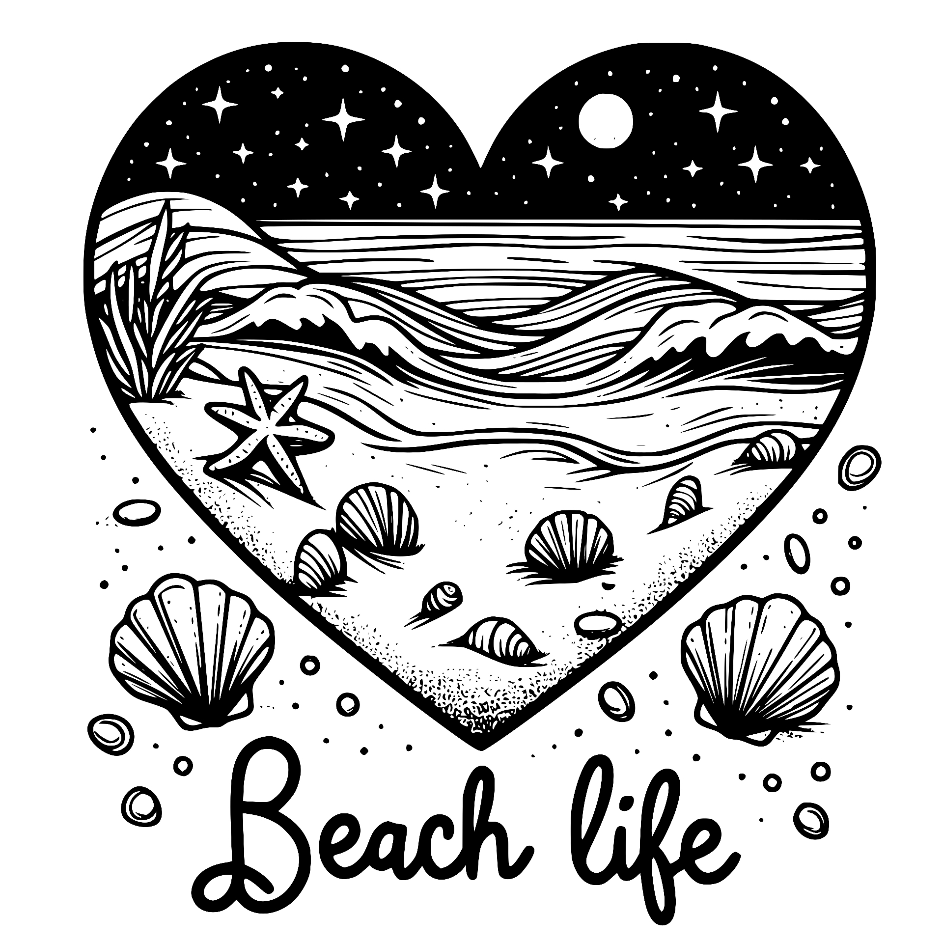 Beach Life heart with night sky, waves and seashells