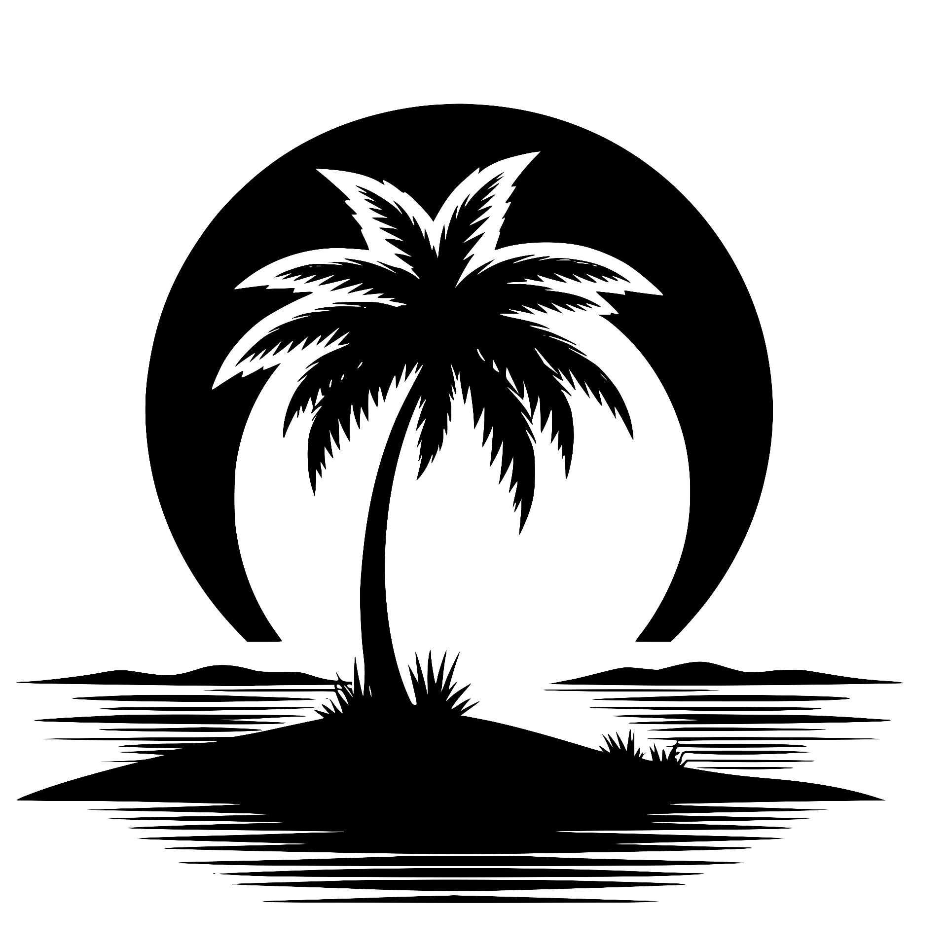 Palm tree over water with sun circle silhouette