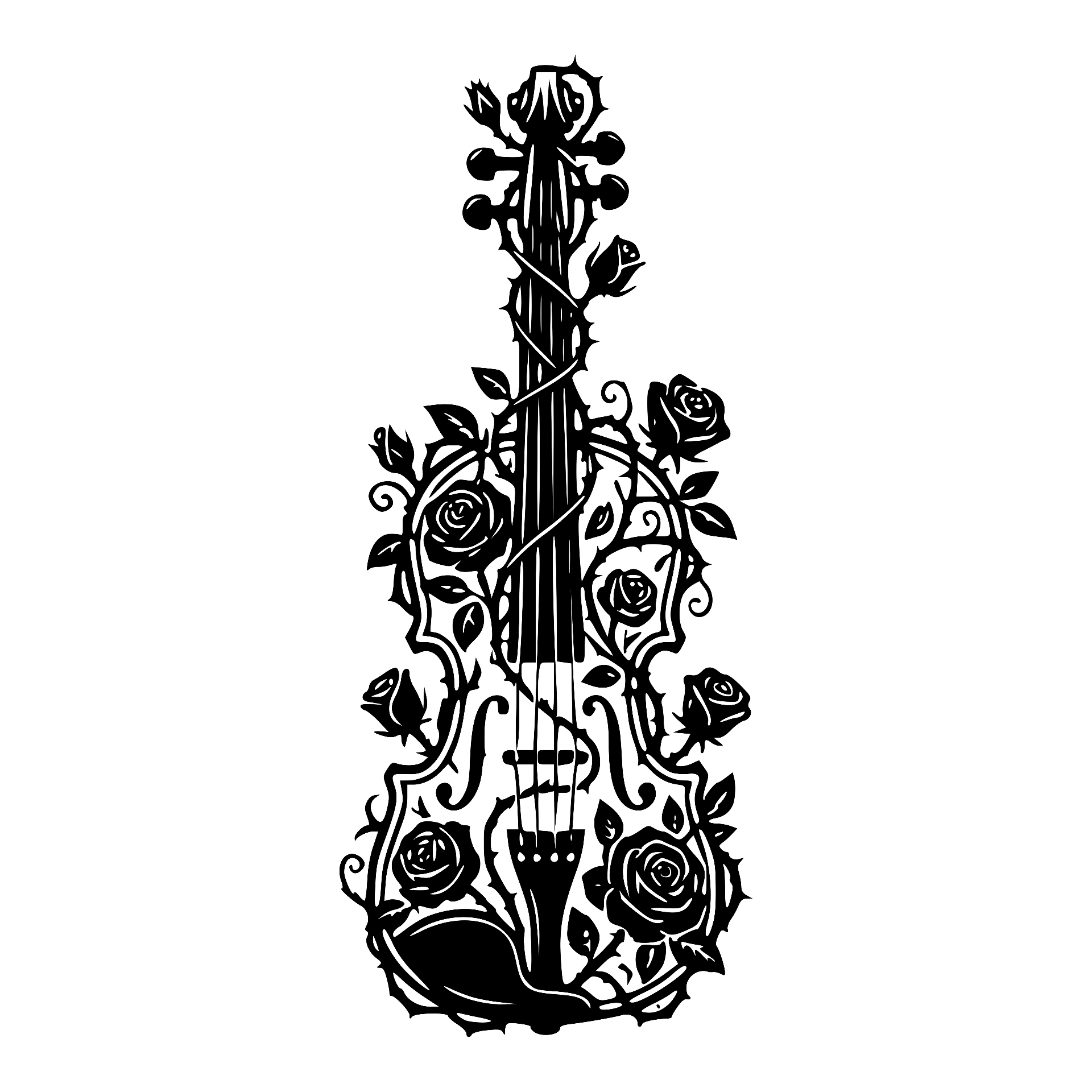 Violin entwined with climbing roses and thorns