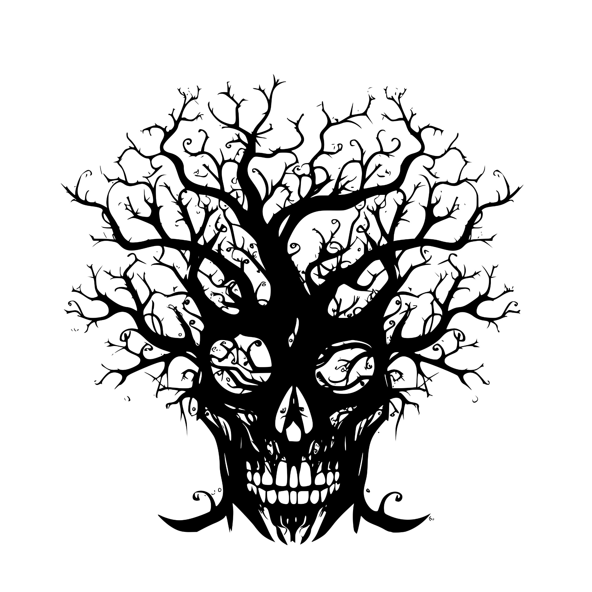 Gnarled bare tree forming a skull face