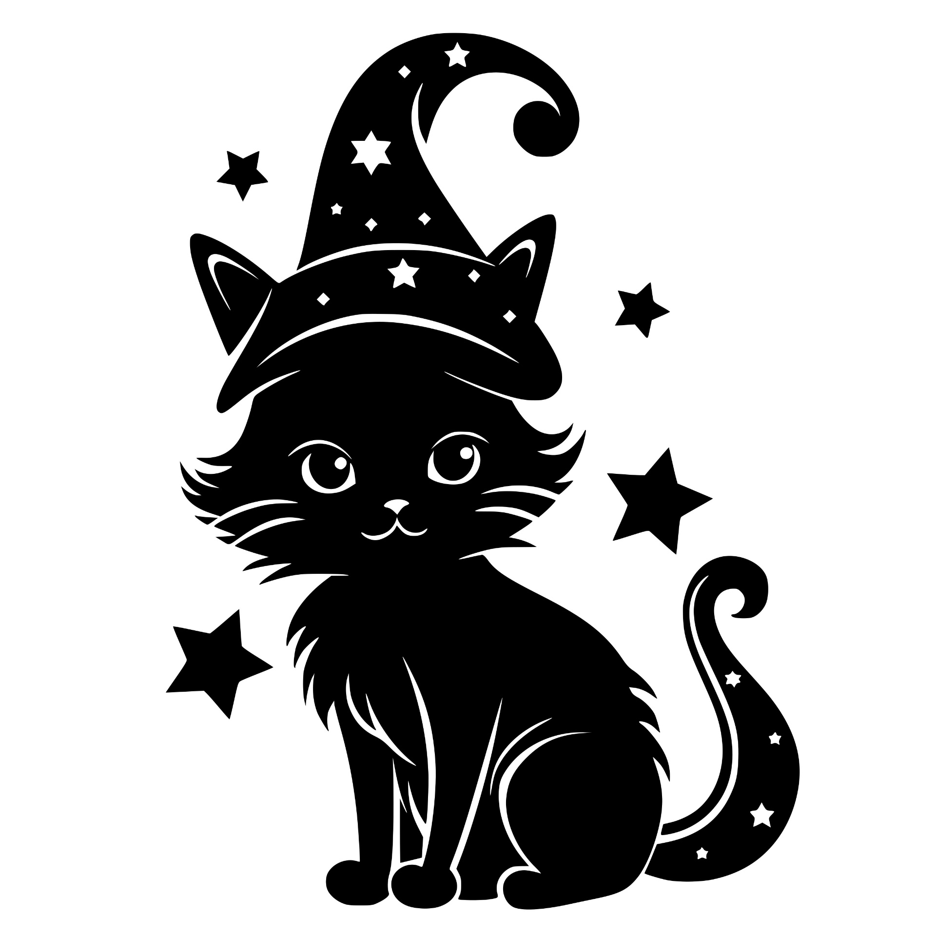 Black cat wearing a starry wizard hat