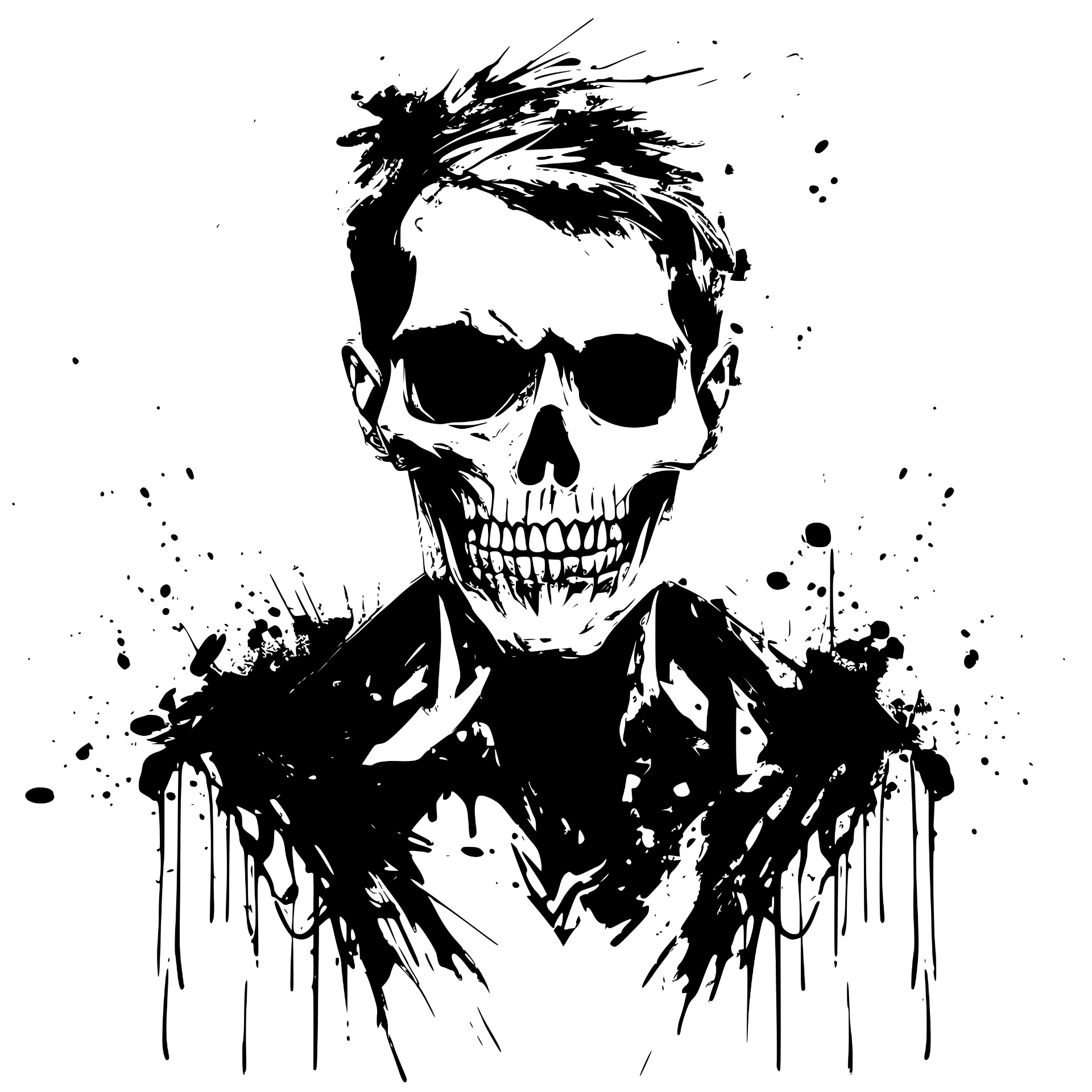 Skull-faced figure in sunglasses with ink splatter