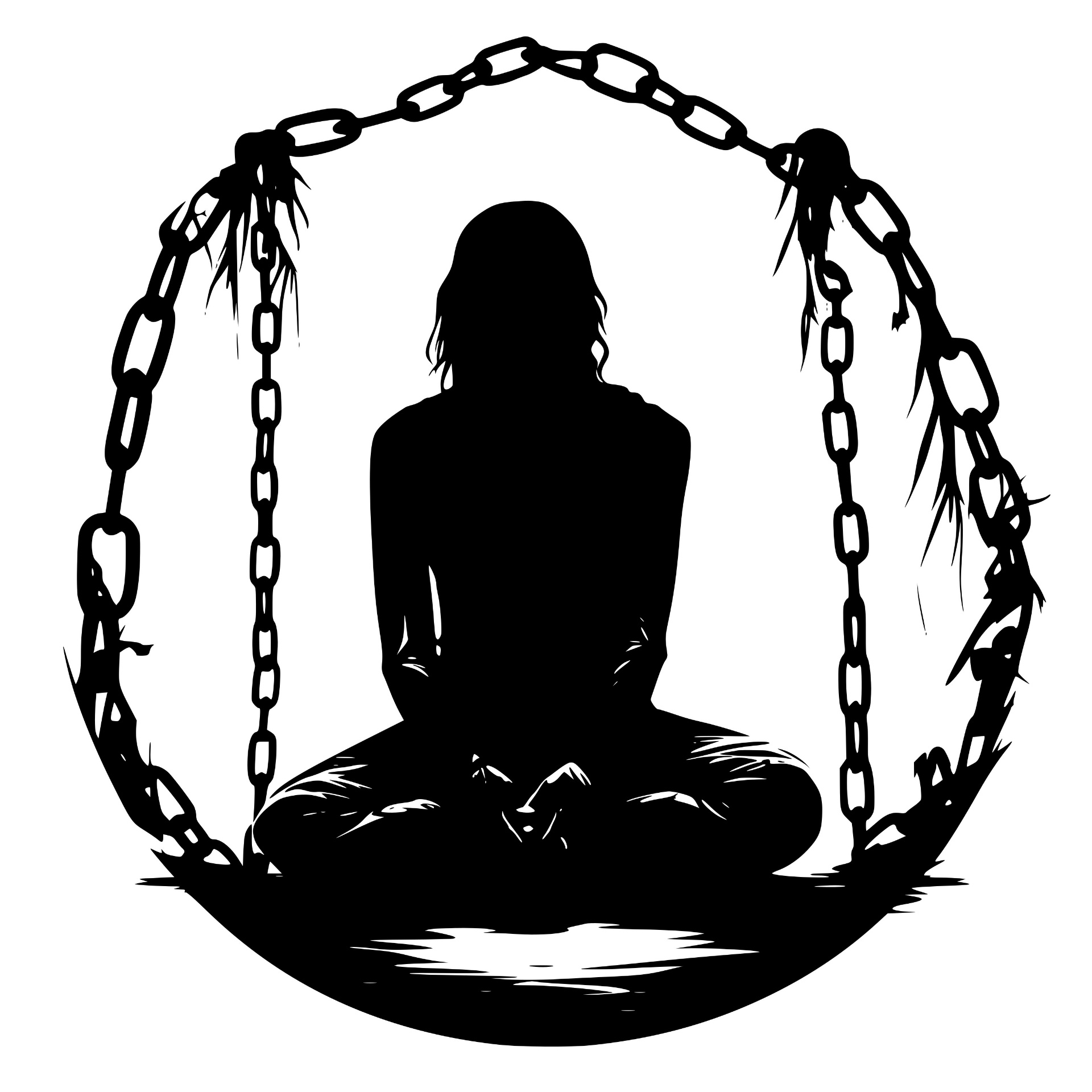 Silhouette meditating within hanging chains