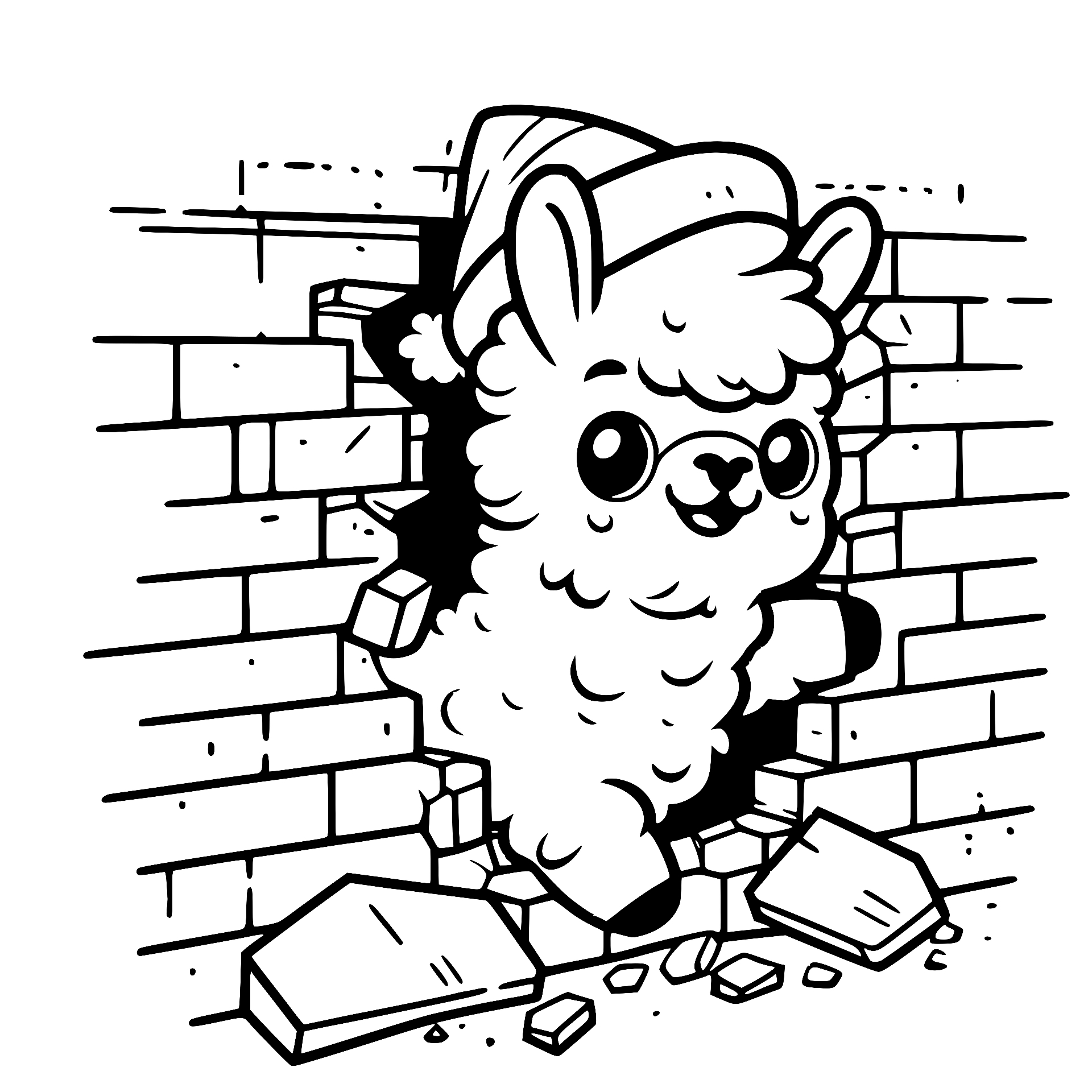Llama in a Santa hat breaking through a brick wall