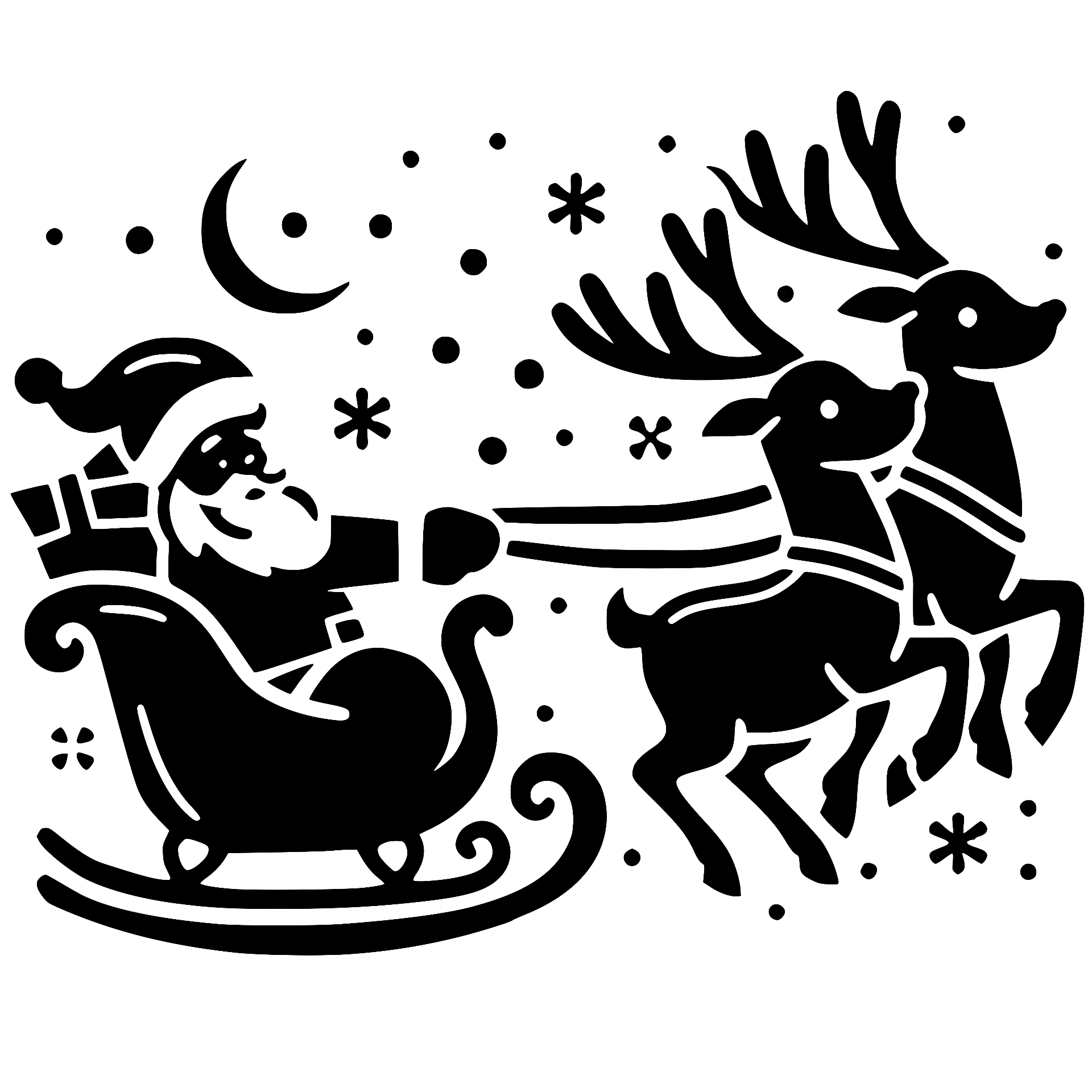 Santa riding a sleigh pulled by reindeer through snow