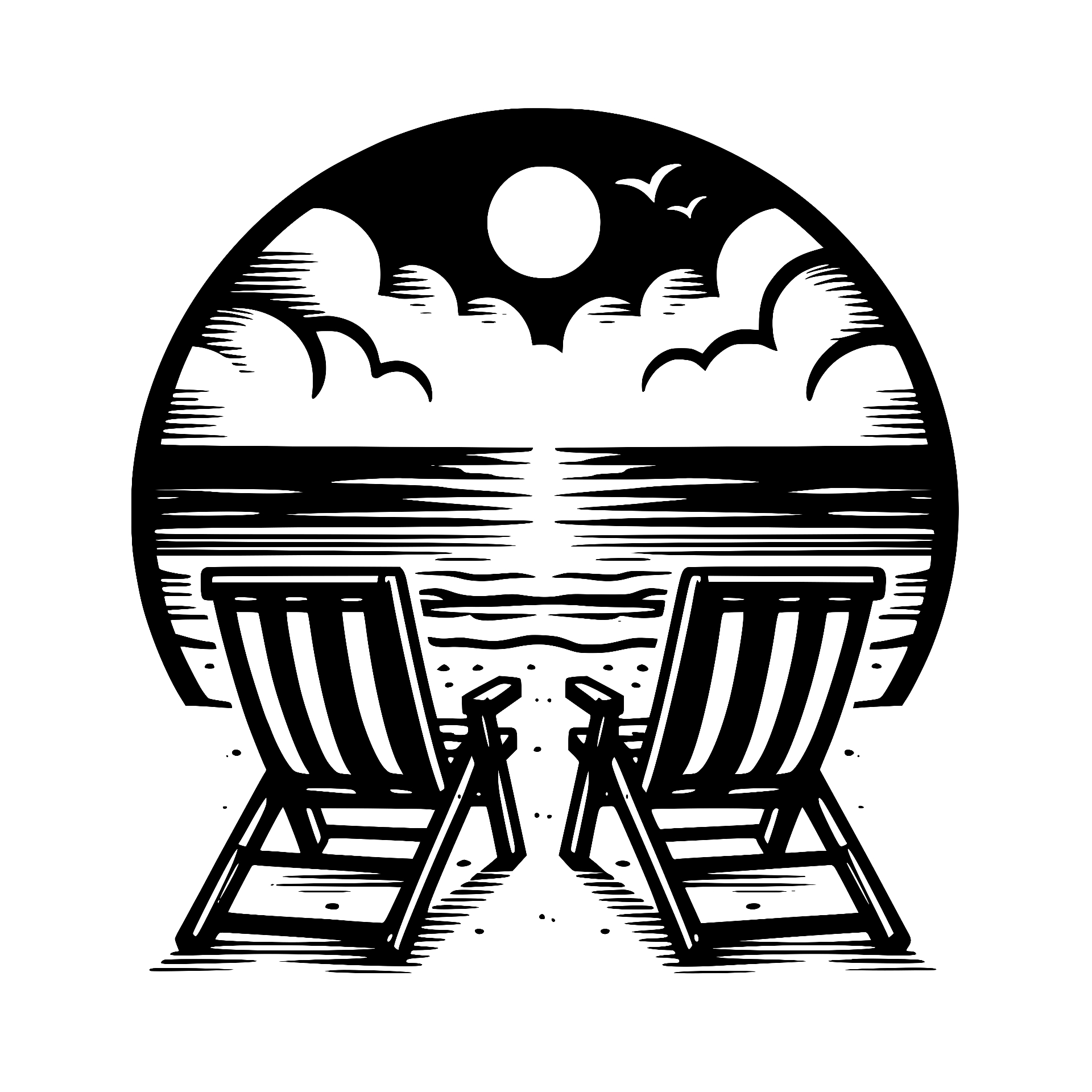 Beach chairs facing the ocean under the moon