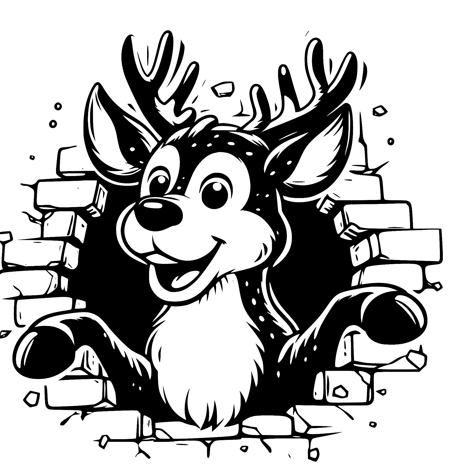 Reindeer bursting through a brick wall
