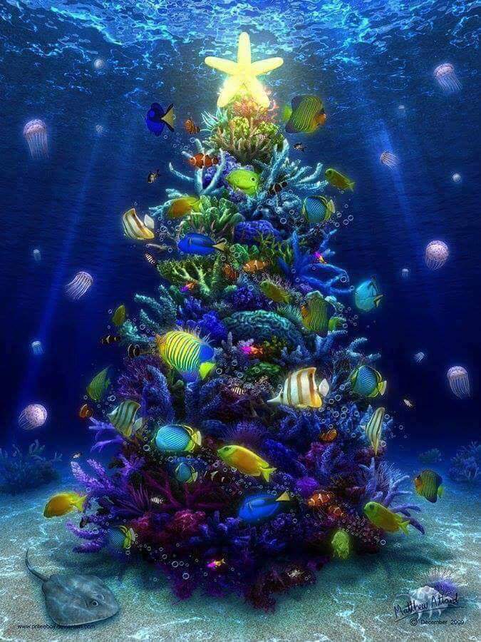 Underwater coral reef Christmas tree with tropical fish and a starfish topper