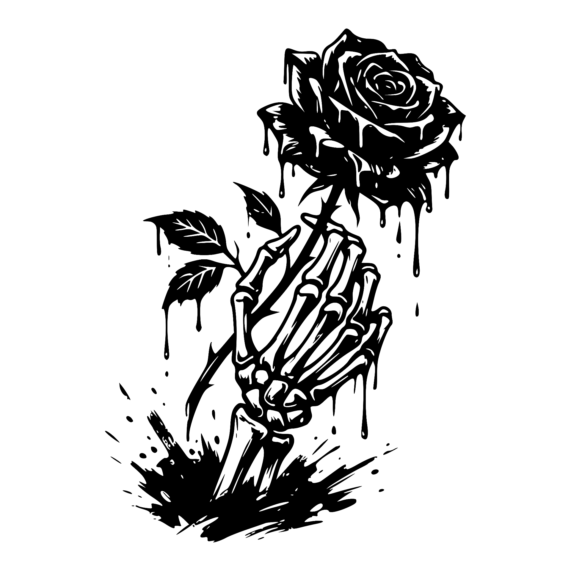 Skeleton hand holding a dripping rose