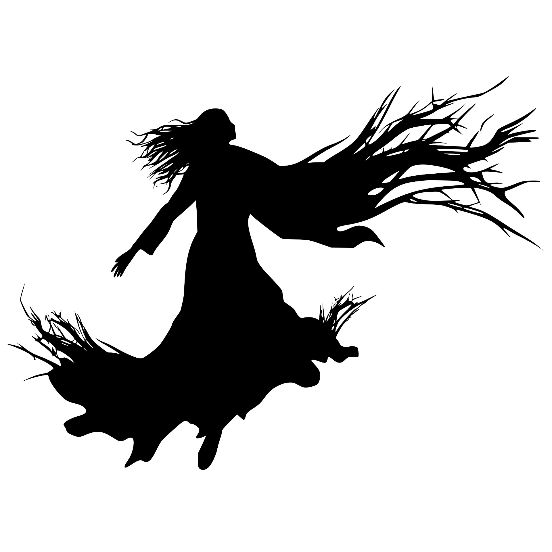 Witch silhouette flying with windswept branches