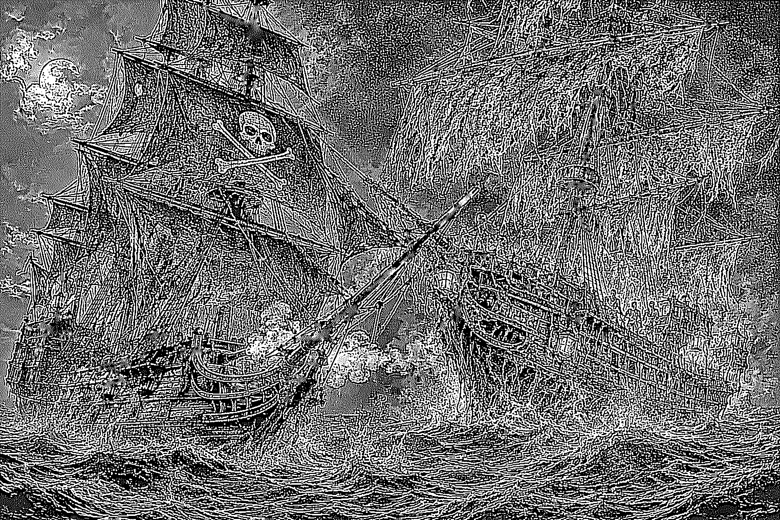 Etched shipwreck scene with a skull and crossbones flag