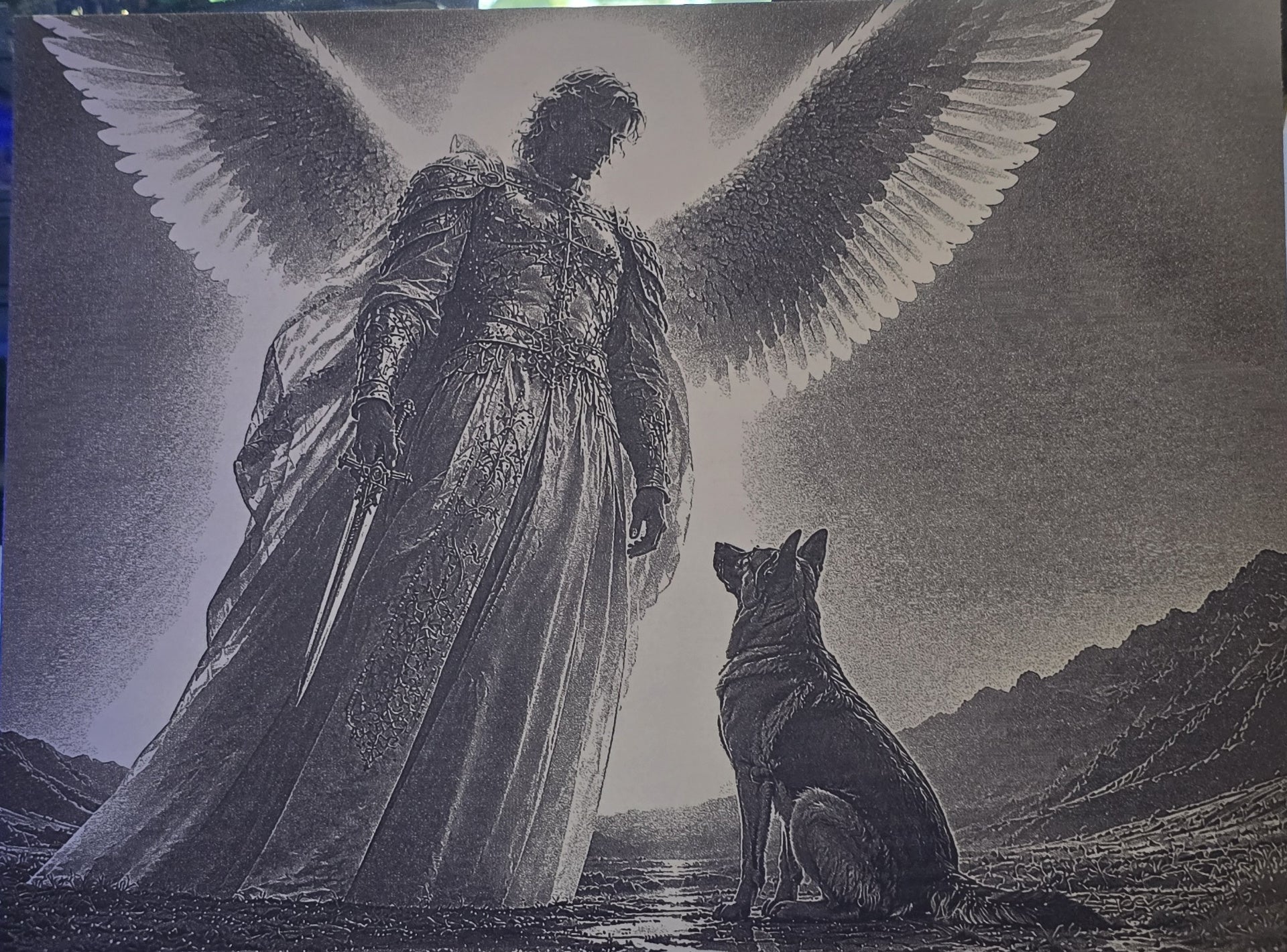 Guardian Angel with dog etched on 304 stainless steel